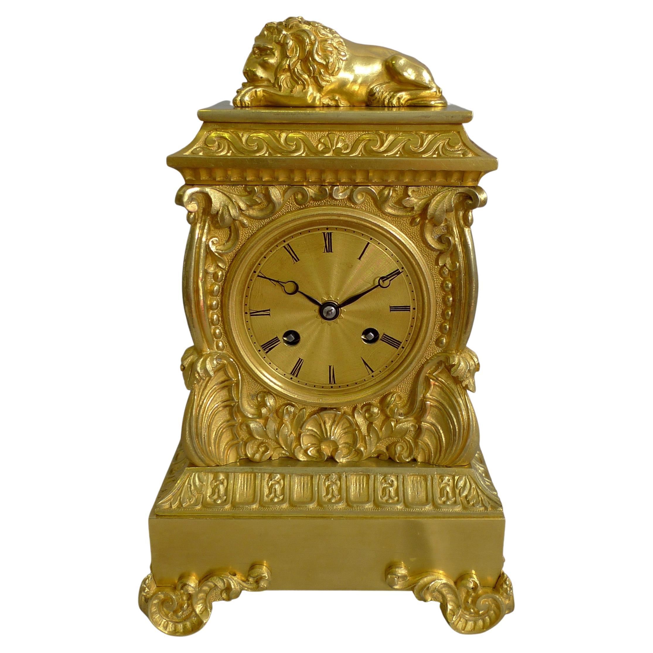 Charles X Ormolu French Mantel Clock Surmounted by Lion