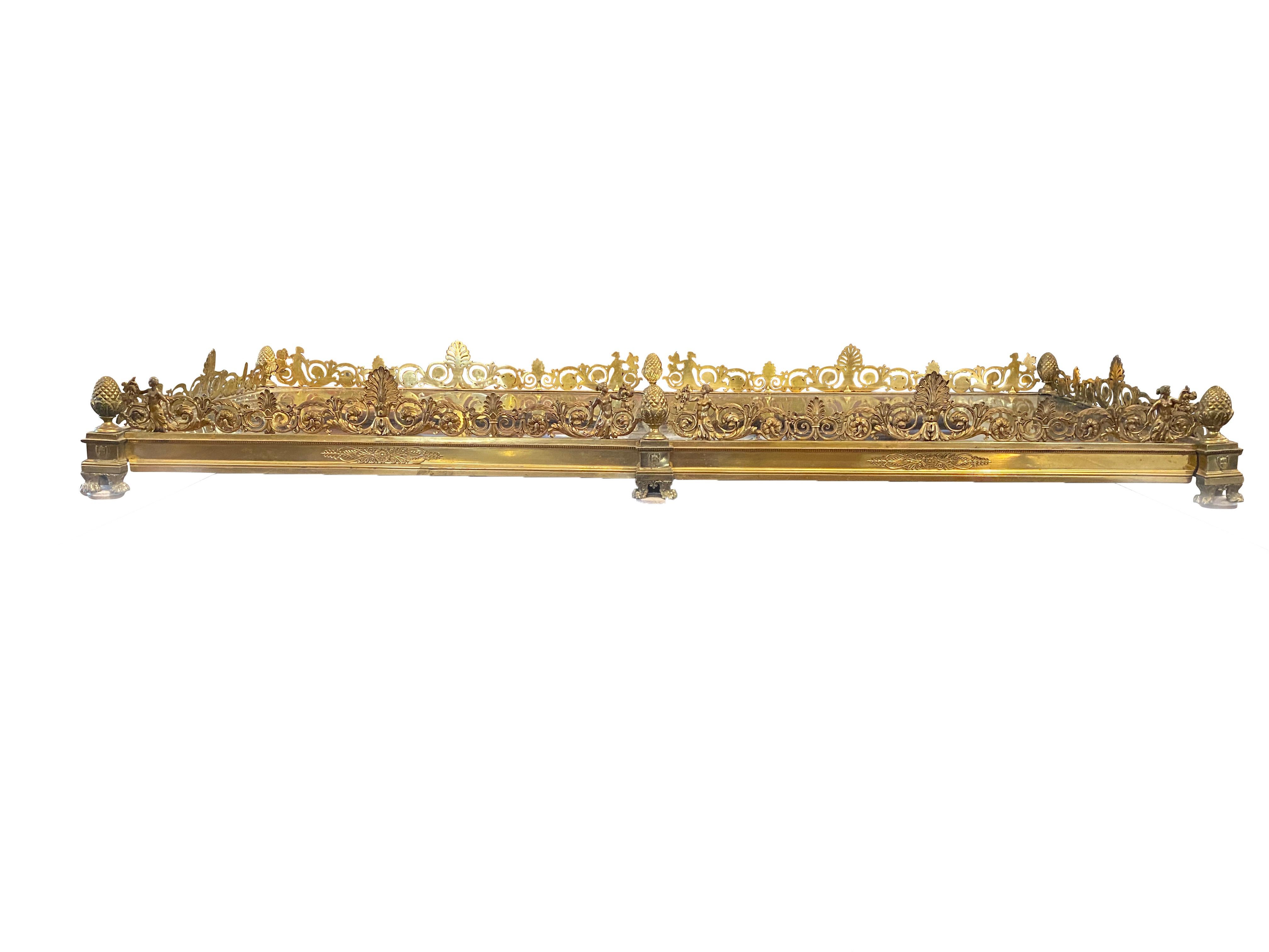 Rectangular with two part mirror plate within a frame decorated with finely cast anthemion and scrolling arabesques and female herms. This piece is finely cast gold plated bronze and would be placed in the center of a dining table. It has a small