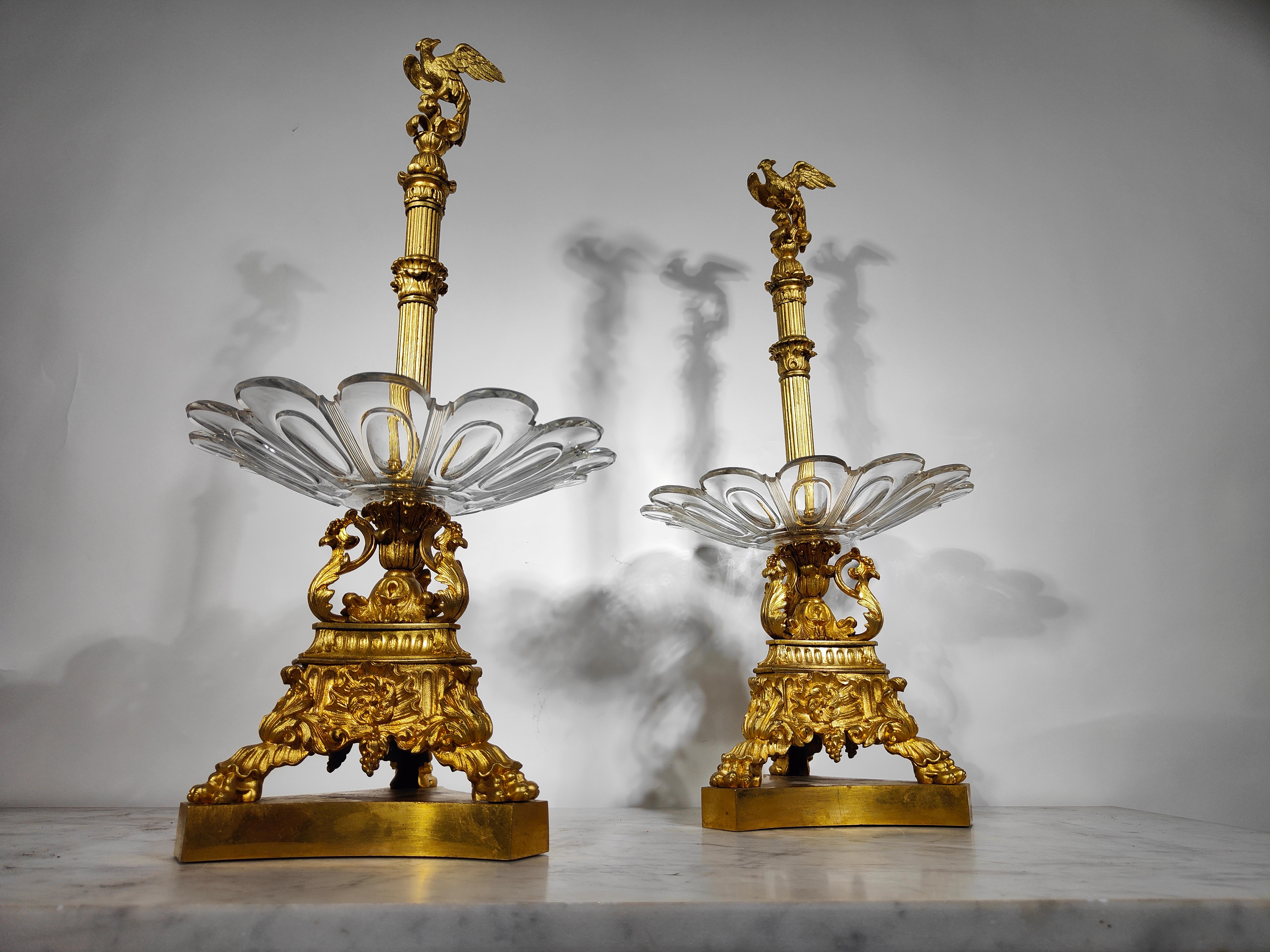 Charles X, Pair of Bronze and Crystal Fruit Risers For Sale 7