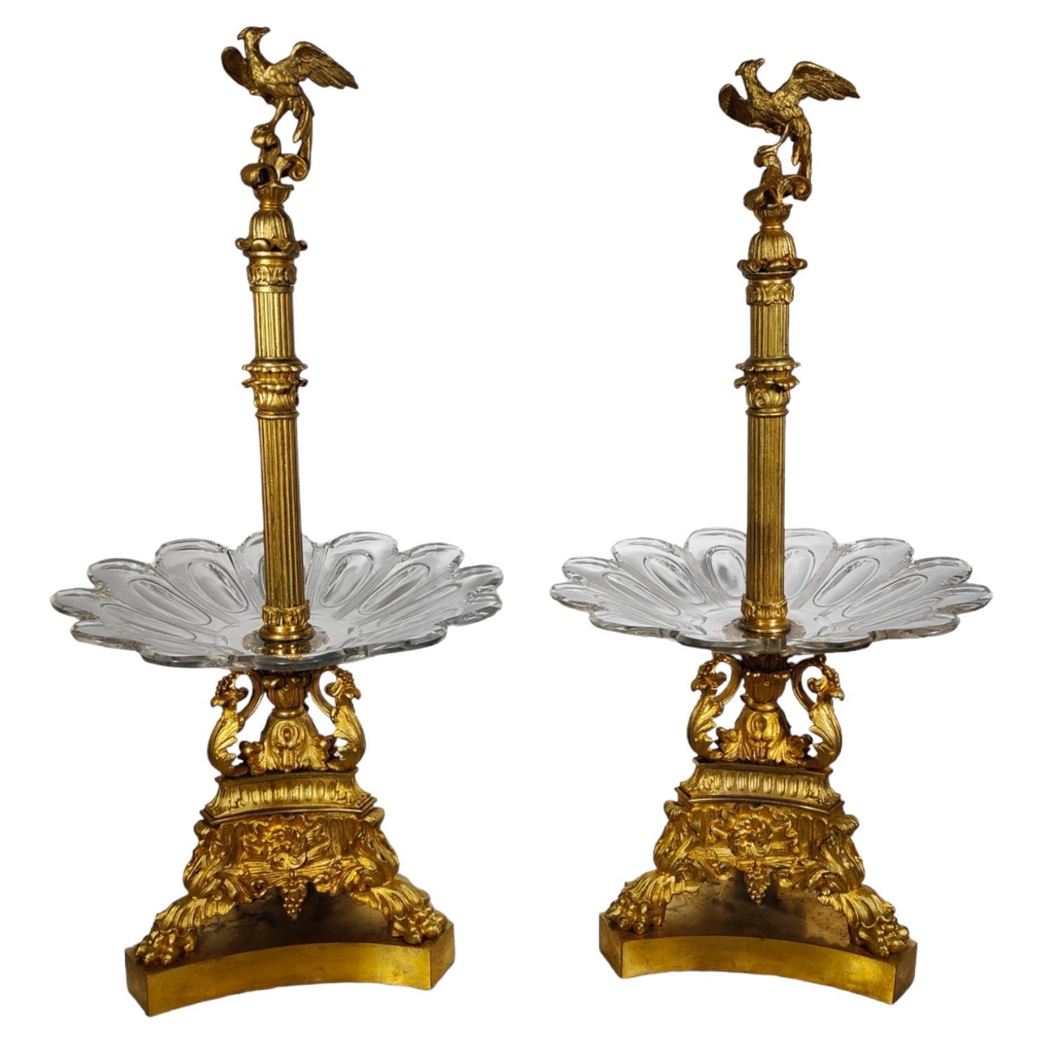 Charles X, Pair of Bronze and Crystal Fruit Risers For Sale