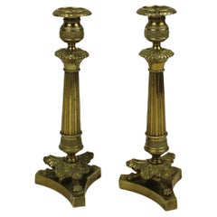 Charles X Pair of bronze Candlesticks Tripod base Patina 19th Century France