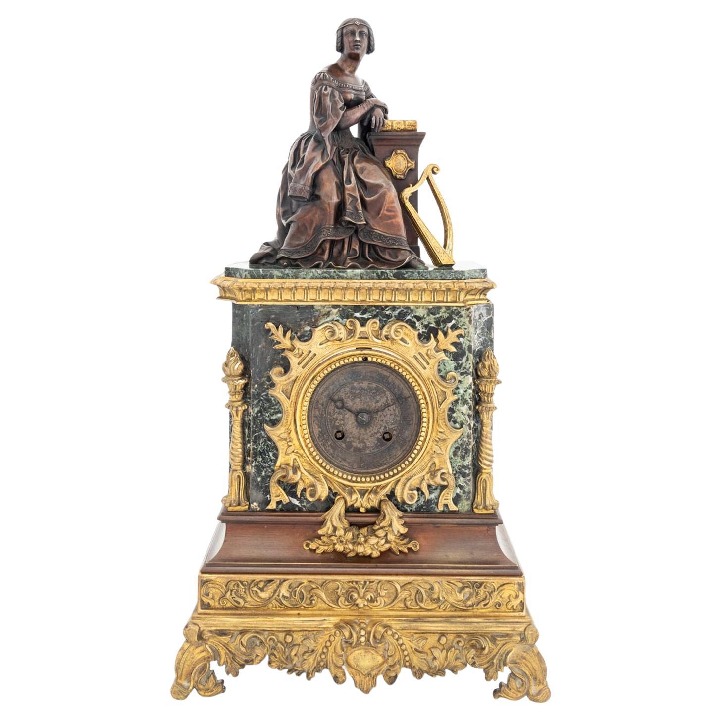 Charles X Patinated Bronze and Marble Clock For Sale