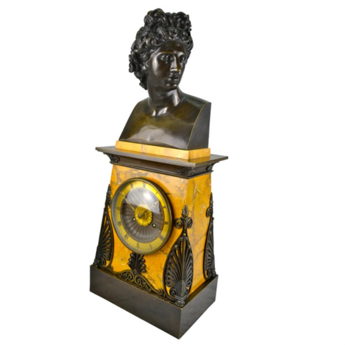   Empire Bronze and Sienna Marble Clock with a bust of Apollo Belvedere In Good Condition For Sale In Vancouver, British Columbia