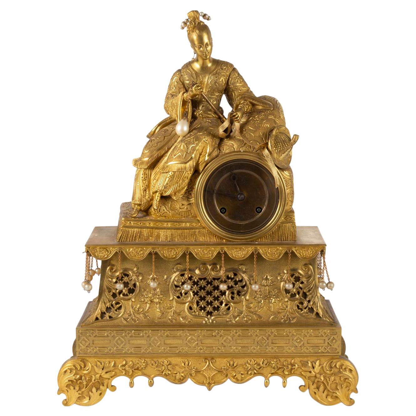 Charles X Period Clock in Golden Bronze, 19th Century