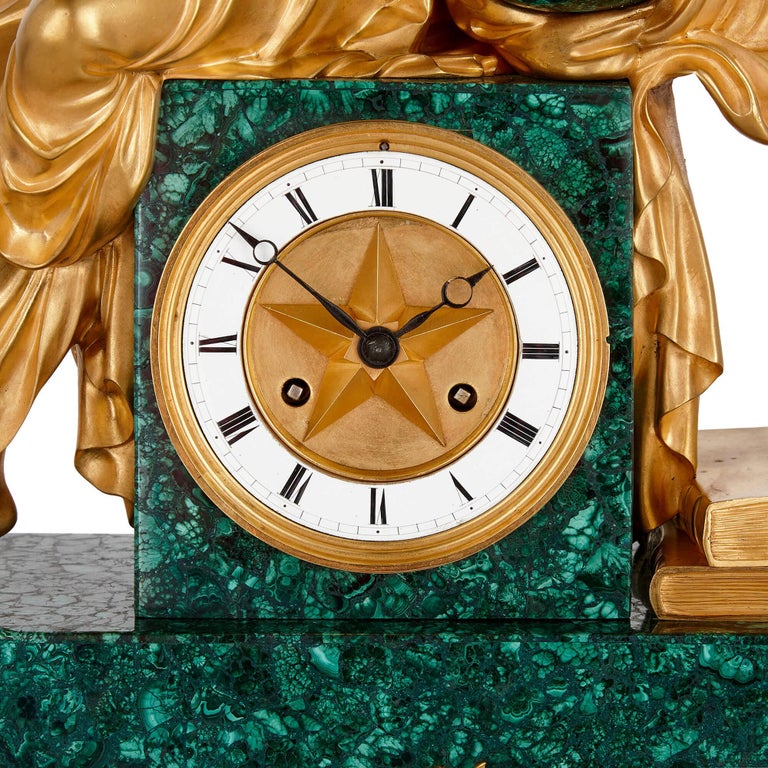 French Charles X Period Gilt-Bronze and Malachite Sculptural Mantel Clock For Sale