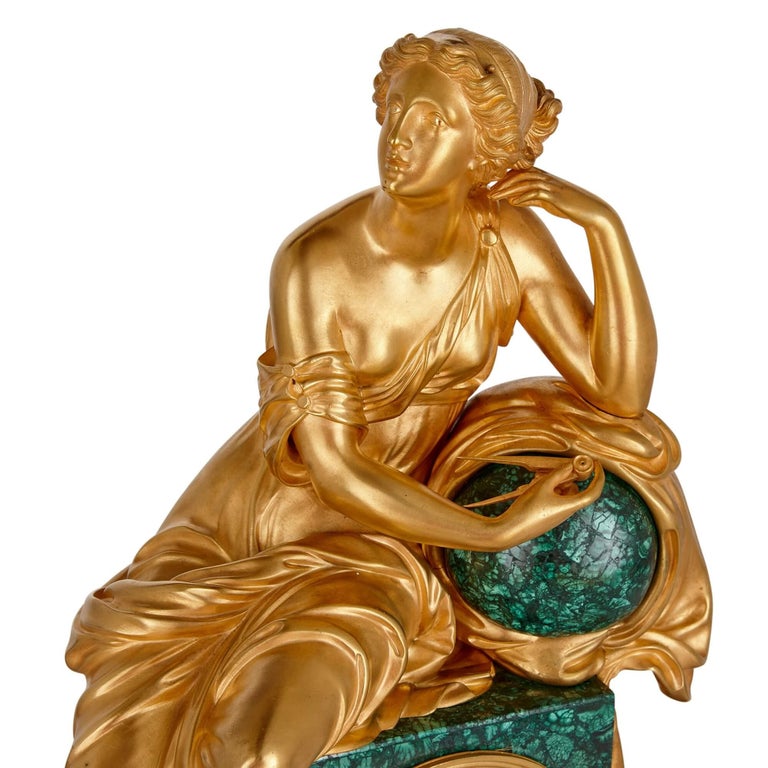 Charles X Period Gilt-Bronze and Malachite Sculptural Mantel Clock In Excellent Condition For Sale In London, GB