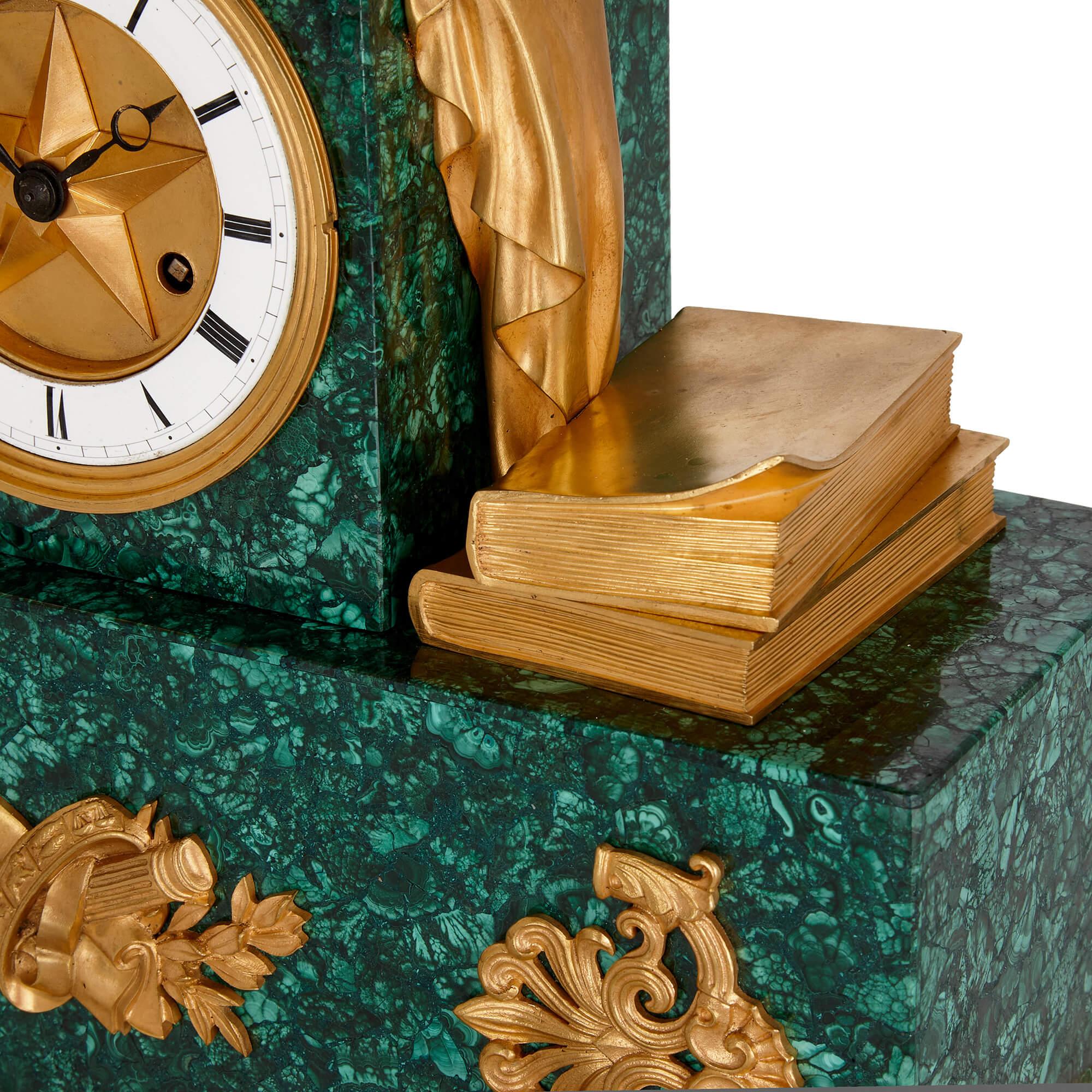 Charles X Period Gilt-Bronze and Malachite Sculptural Mantel Clock For Sale 1