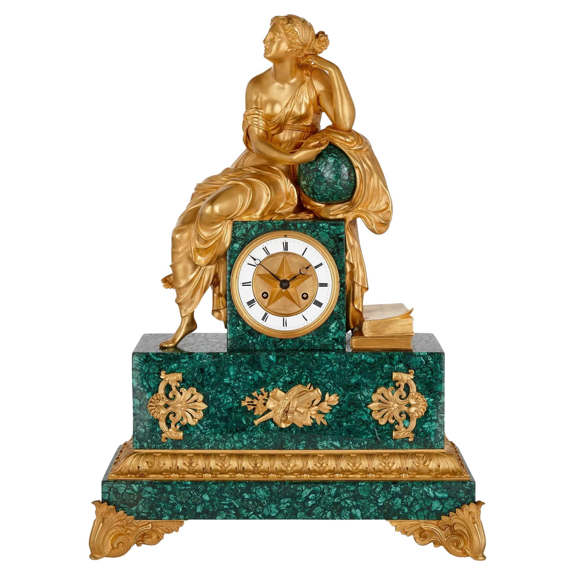 Charles X Period Gilt-Bronze and Malachite Sculptural Mantel Clock