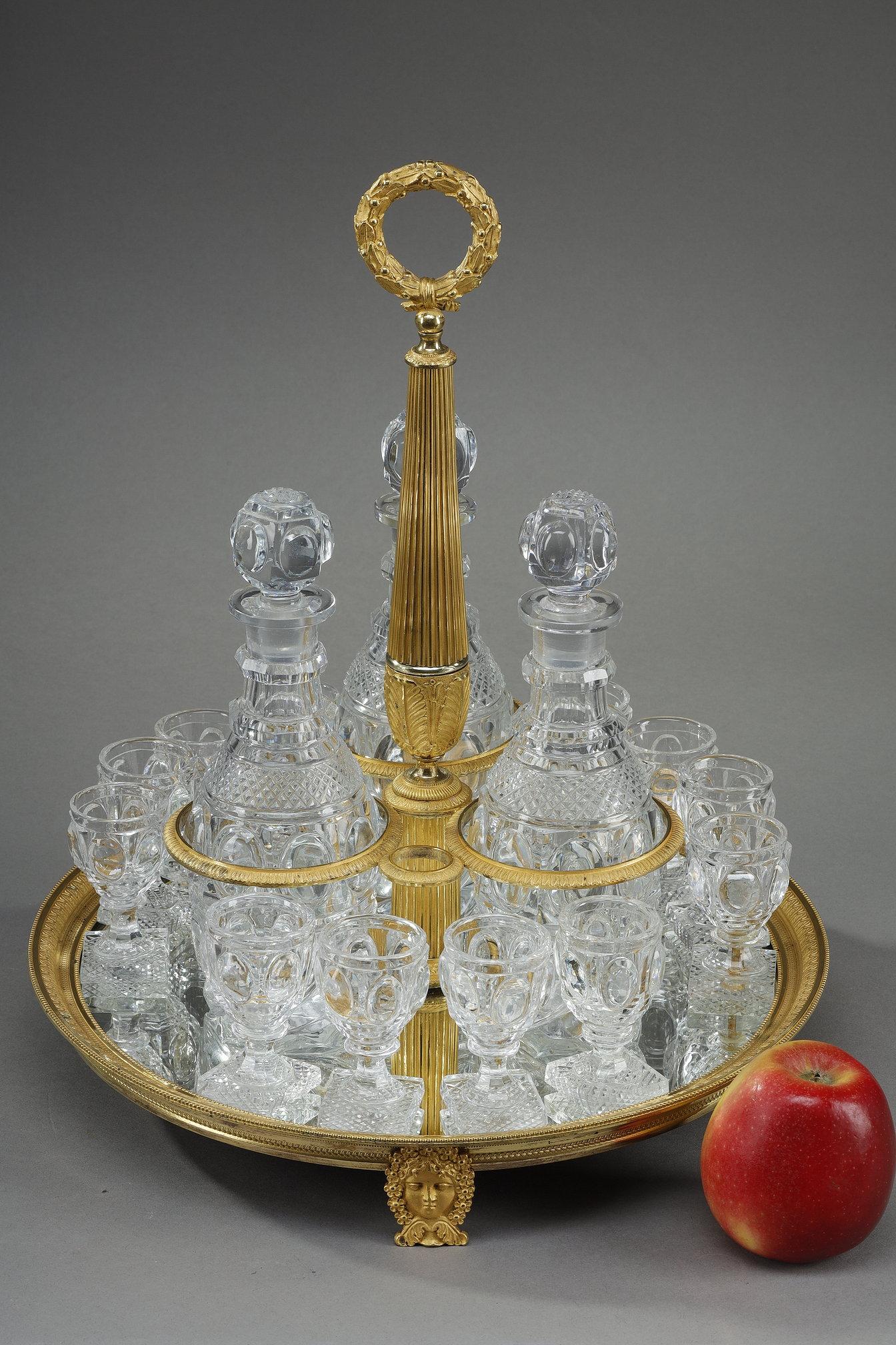 French Charles X period liquor service in gilt bronze dans cut crystal For Sale