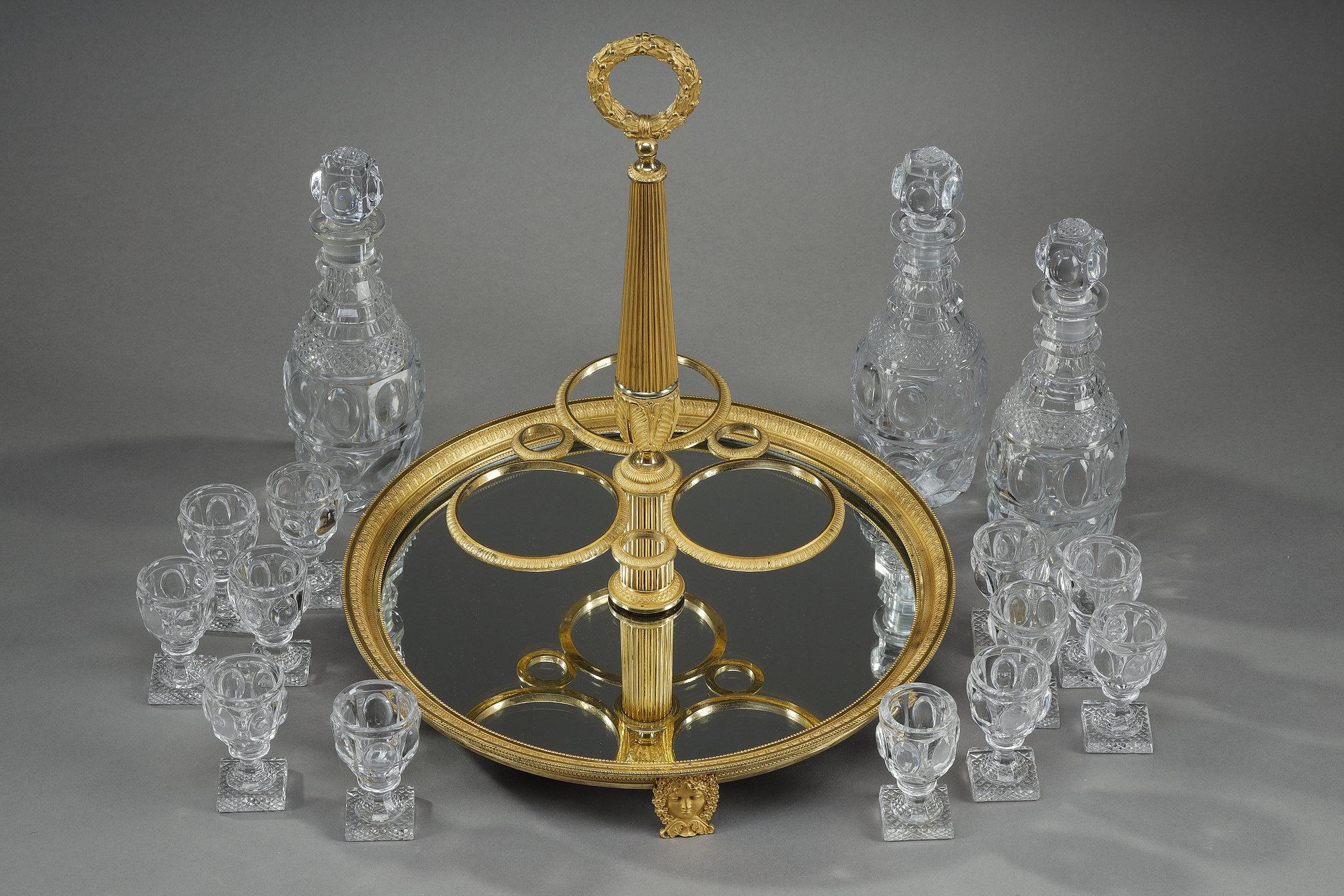 Early 19th Century Charles X period liquor service in gilt bronze dans cut crystal For Sale