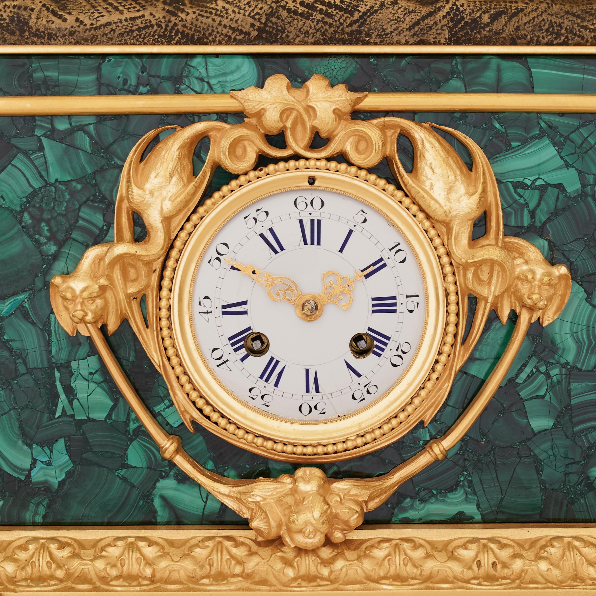 Gilt Charles X Period Ormolu and Malachite Mantel Clock