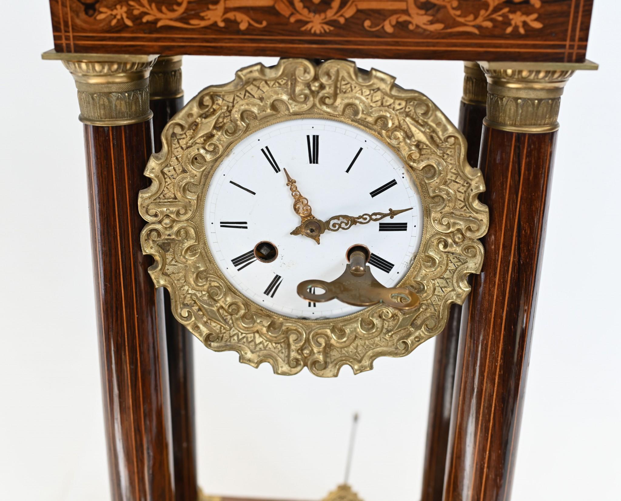 Wood Charles X Portico Clock French Mantle Inlay 1810 For Sale