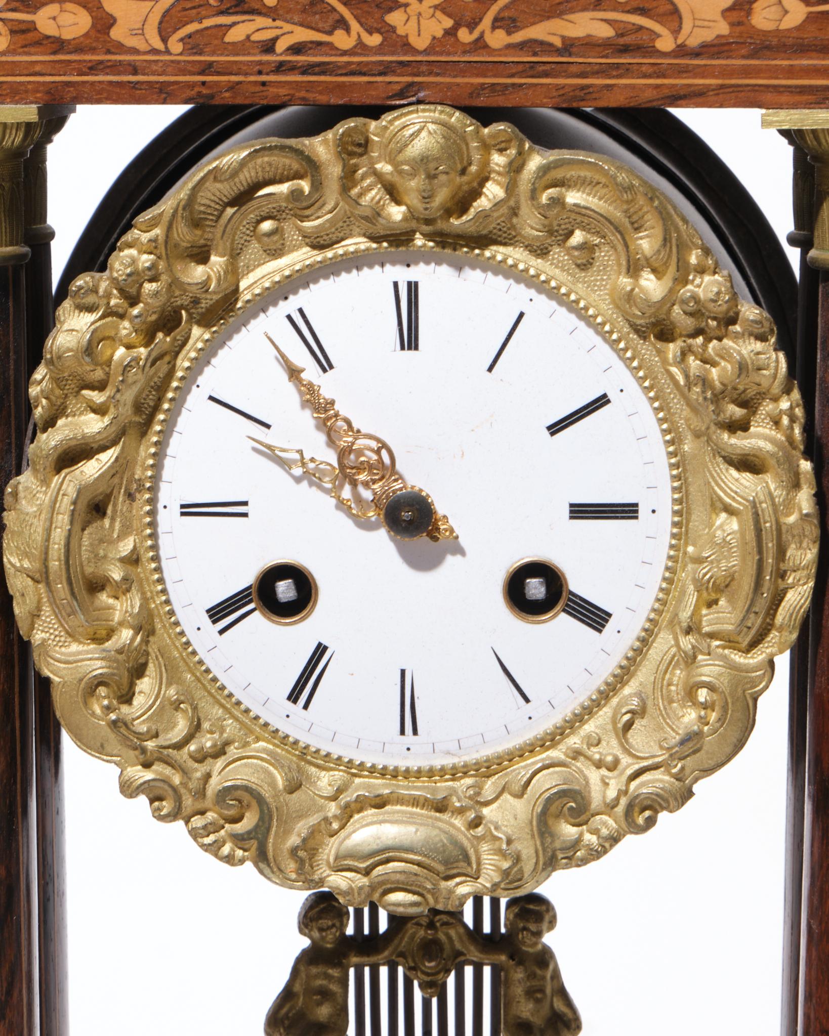 Charles X Rosewood Inlaid Portico Mantle Clock For Sale 4