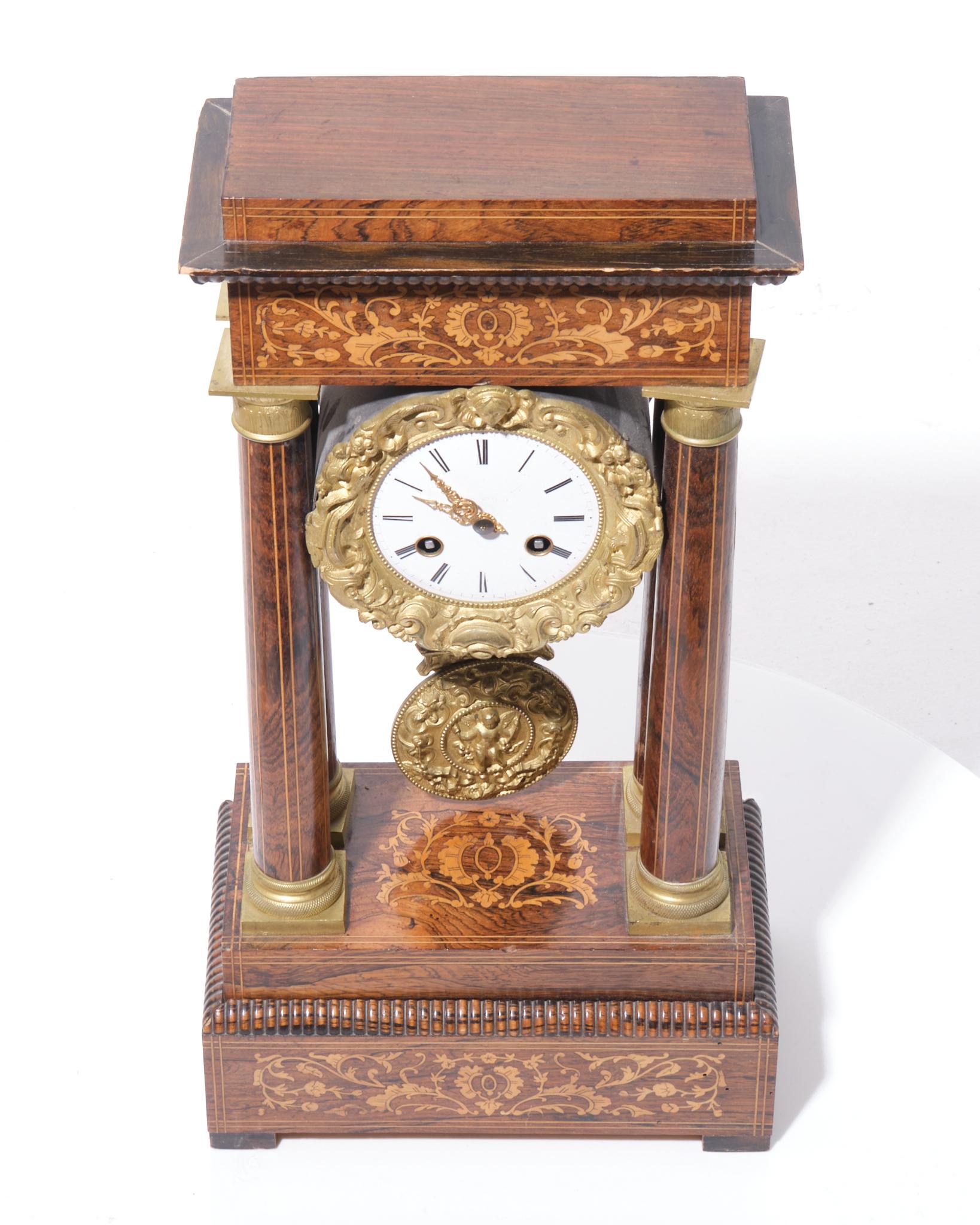 Charles X Rosewood Inlaid Portico Mantle Clock For Sale 5