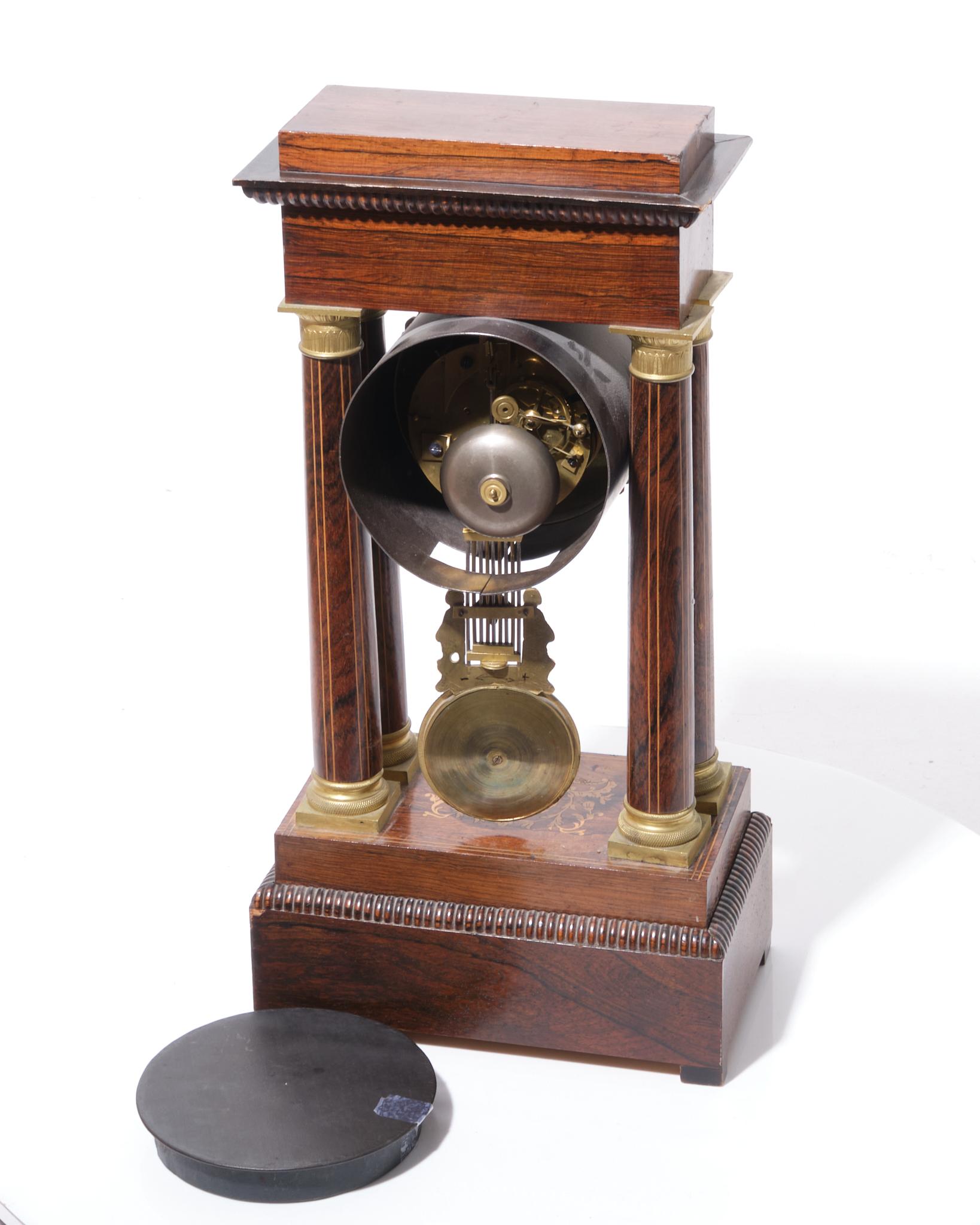 Charles X Rosewood Inlaid Portico Mantle Clock For Sale 8