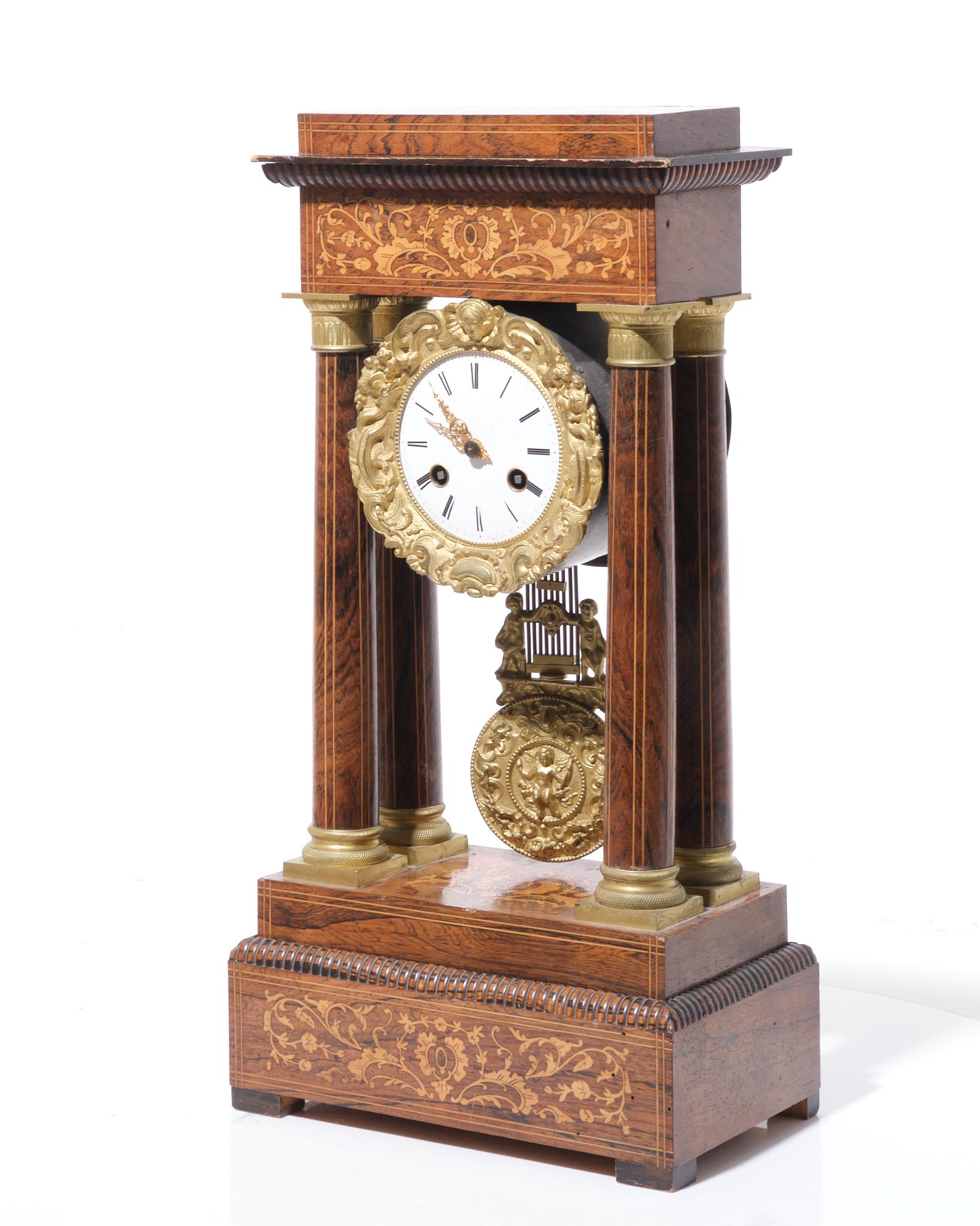 French Charles X Rosewood Inlaid Portico Mantle Clock For Sale