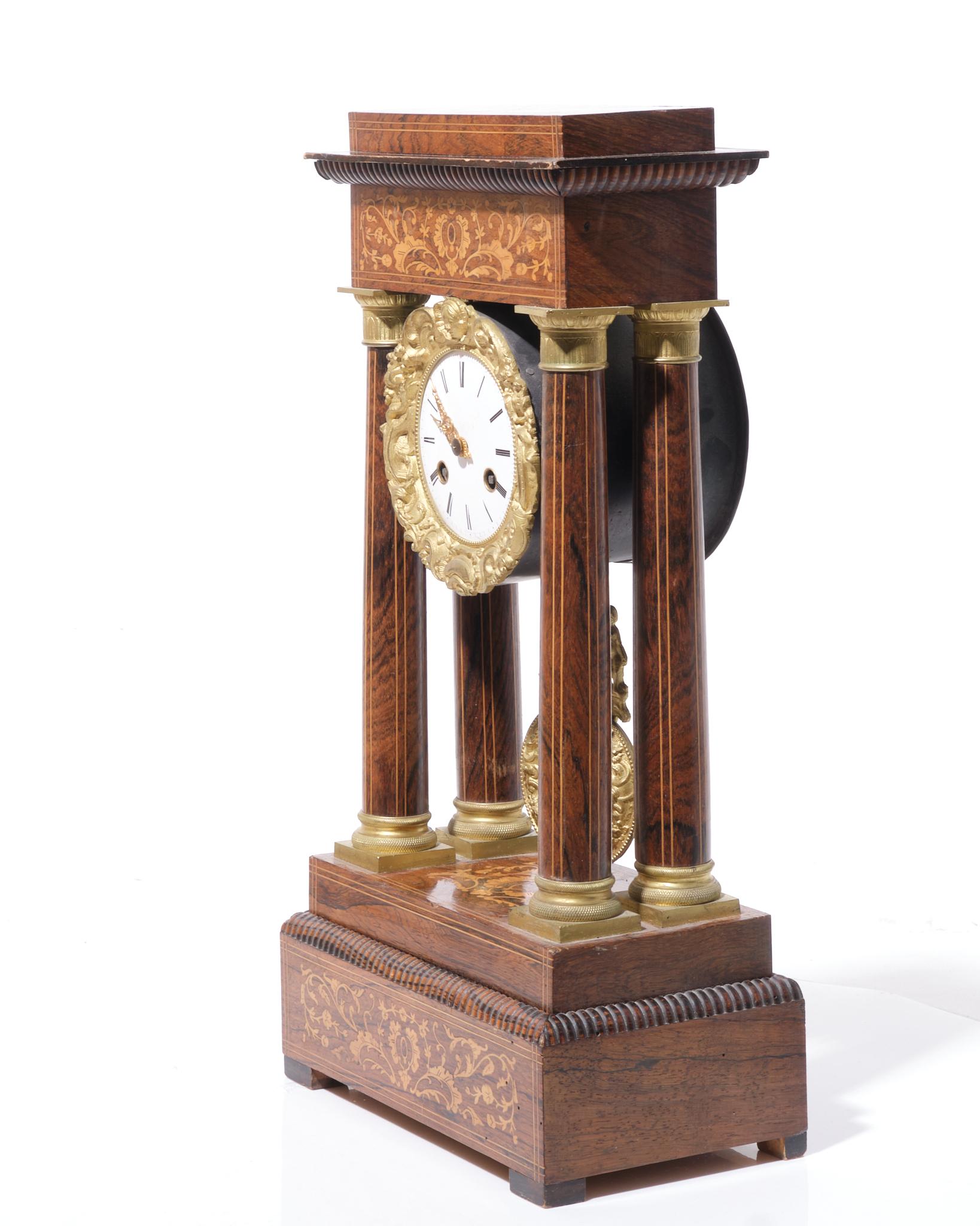 Gilt Charles X Rosewood Inlaid Portico Mantle Clock For Sale