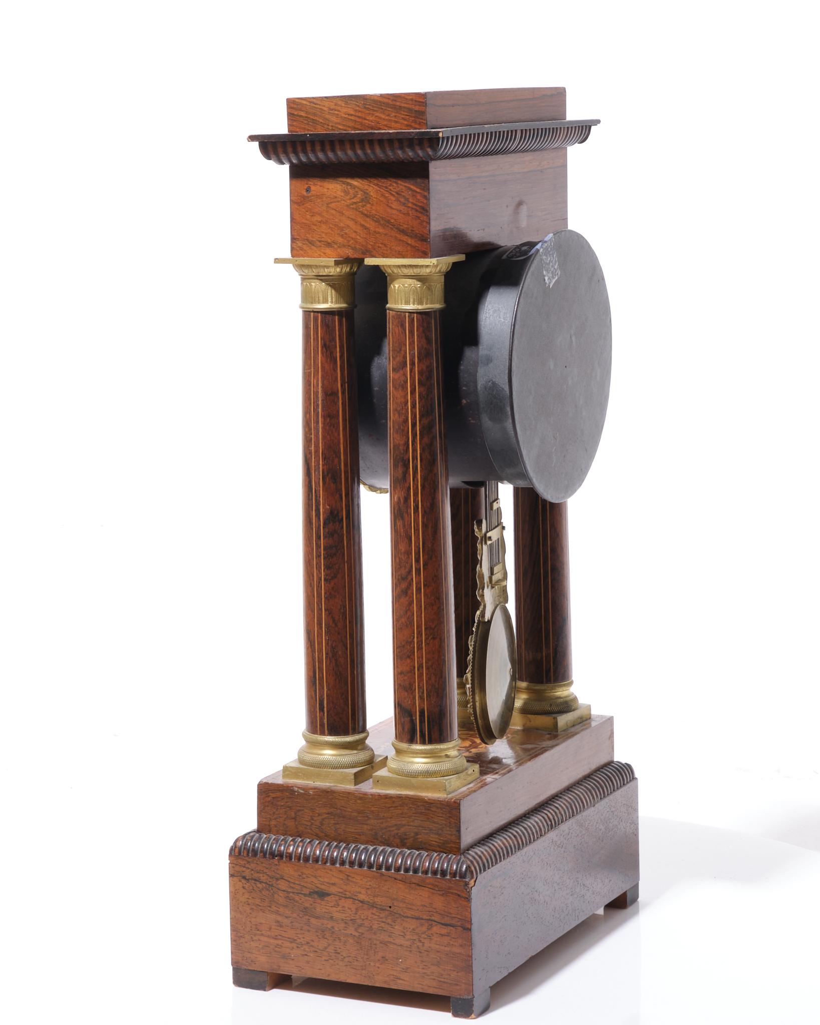 Charles X Rosewood Inlaid Portico Mantle Clock In Good Condition For Sale In Kingston, NY