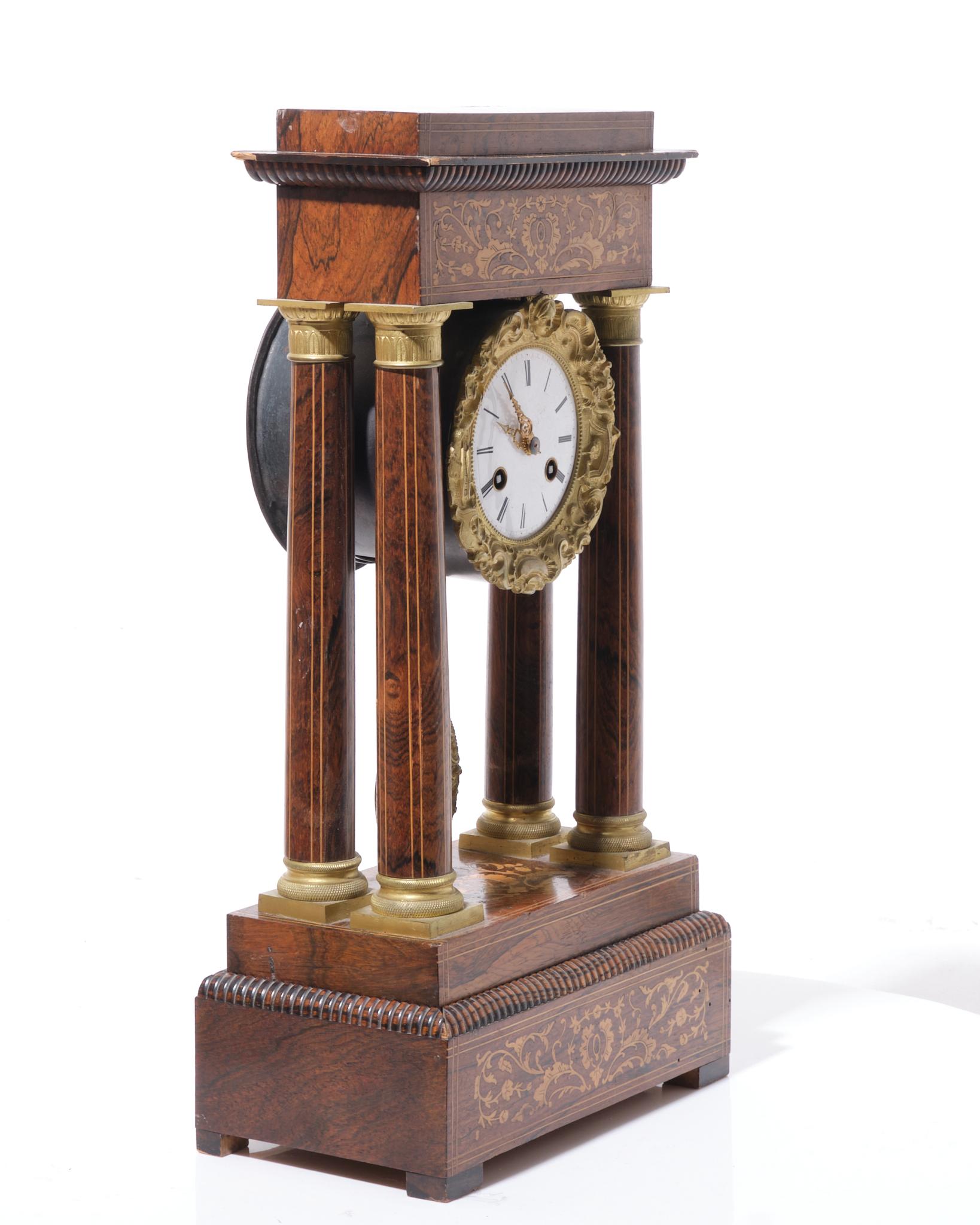 19th Century Charles X Rosewood Inlaid Portico Mantle Clock For Sale