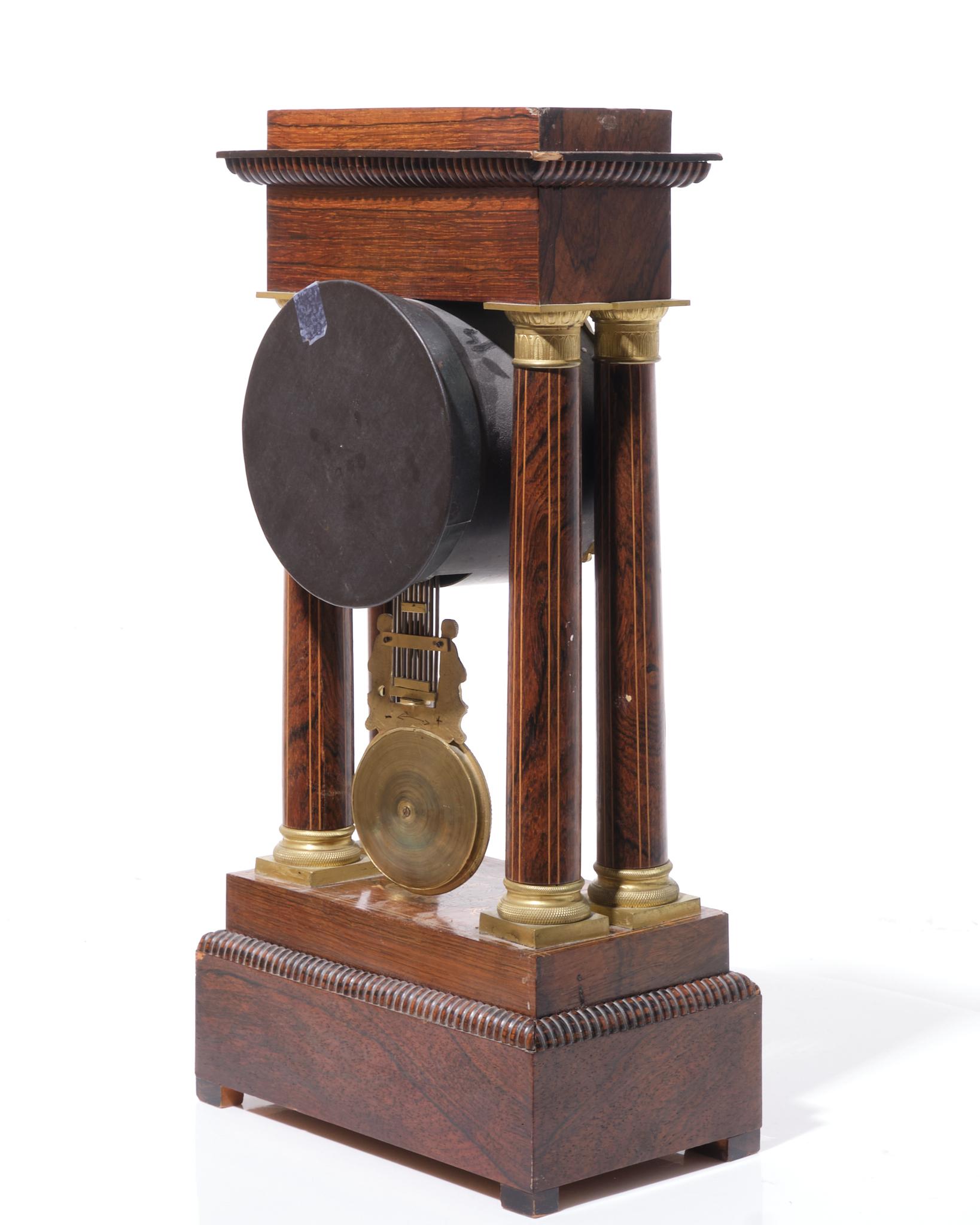 Bronze Charles X Rosewood Inlaid Portico Mantle Clock For Sale