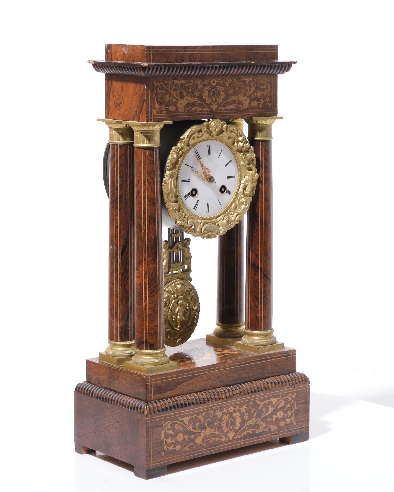 Charles X Rosewood Inlaid Portico Mantle Clock For Sale 1