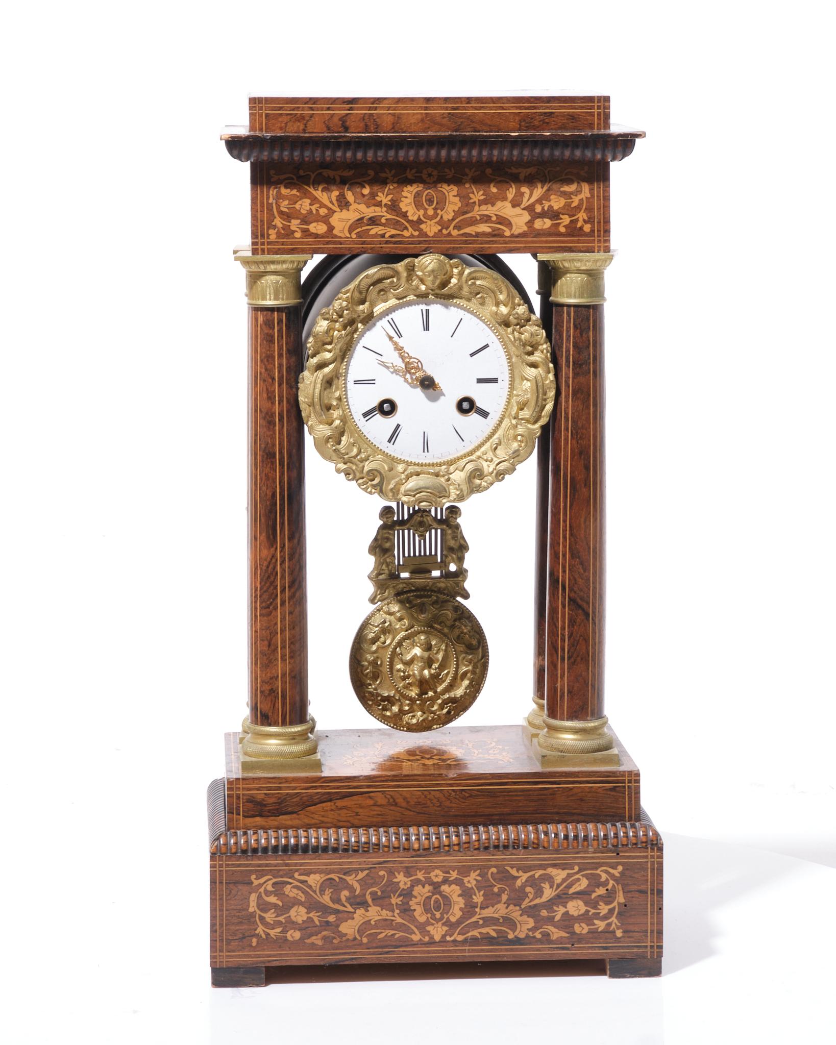 Charles X Rosewood Inlaid Portico Mantle Clock For Sale 2
