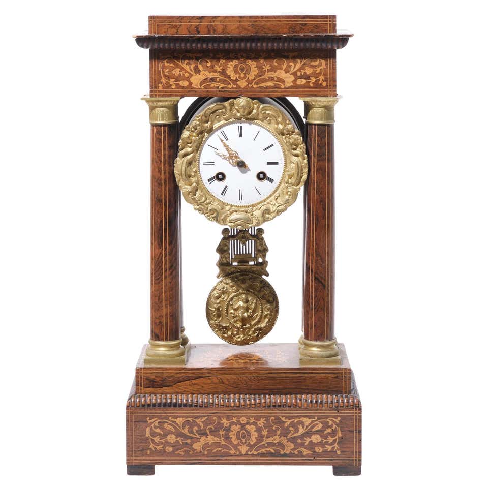 French Inlay Clock French Inlaid Portico Empire Style Mantle Clock For Sale at 1stDibs