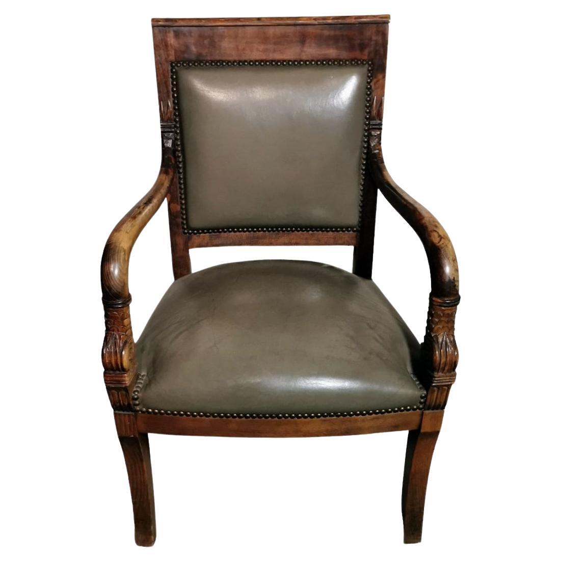 Charles X Style French Chair "Antique Master" In Wood And “Cuoio”