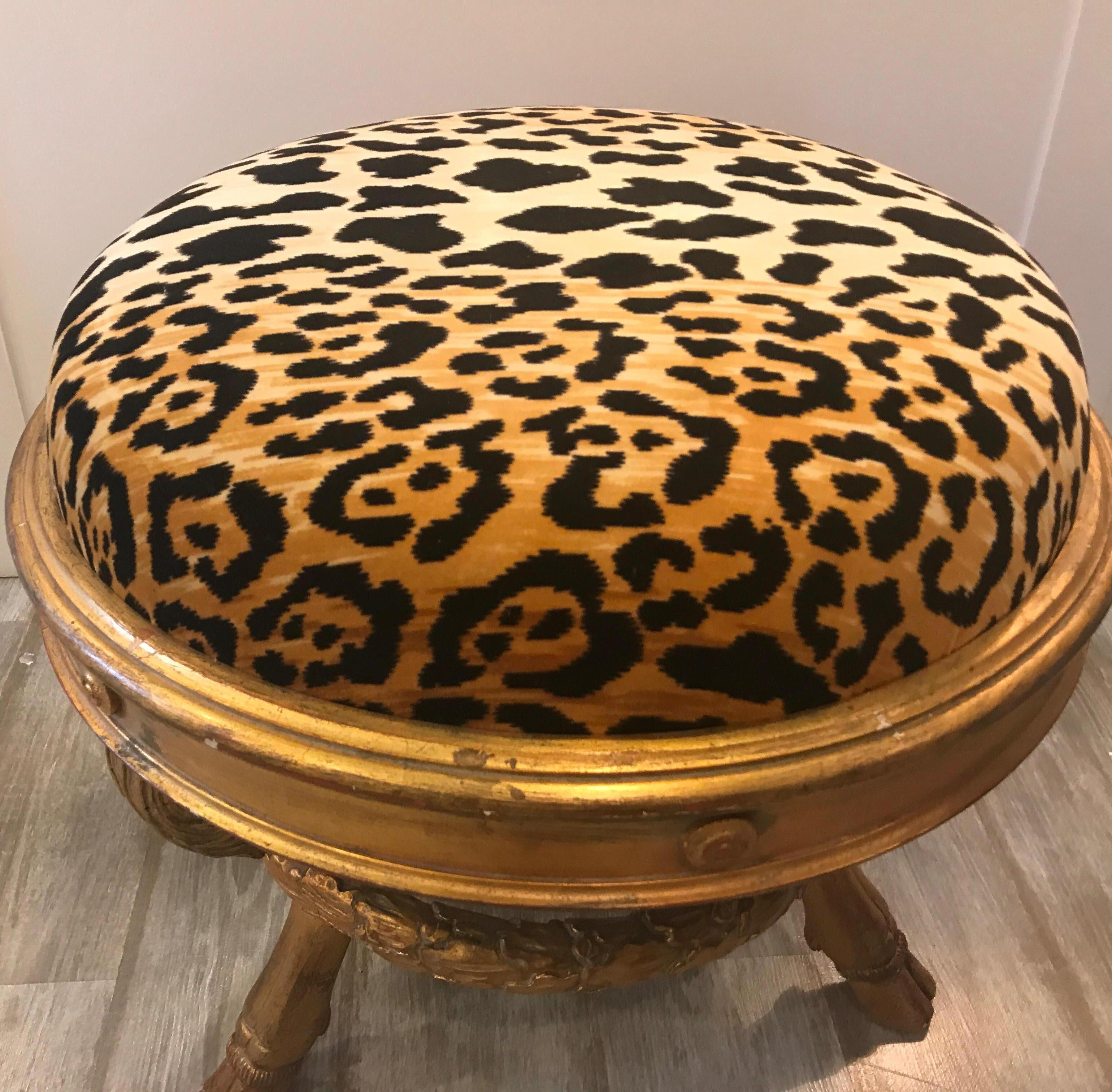 European Charles X Style Giltwood Leopard Velvet Bench