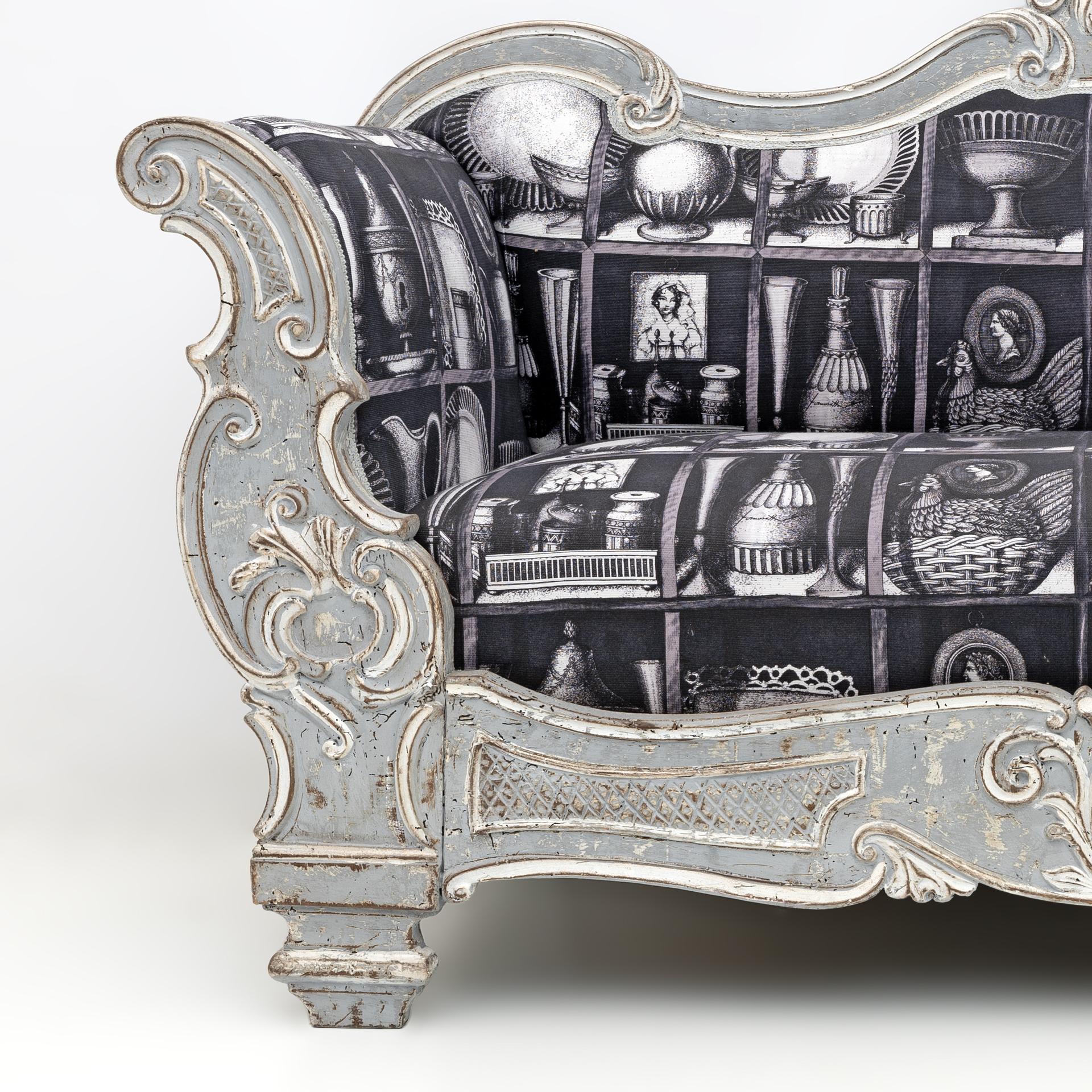 Mid-20th Century Charles X Style Italian Sofa with Fornasetti Linen Fabric For Sale