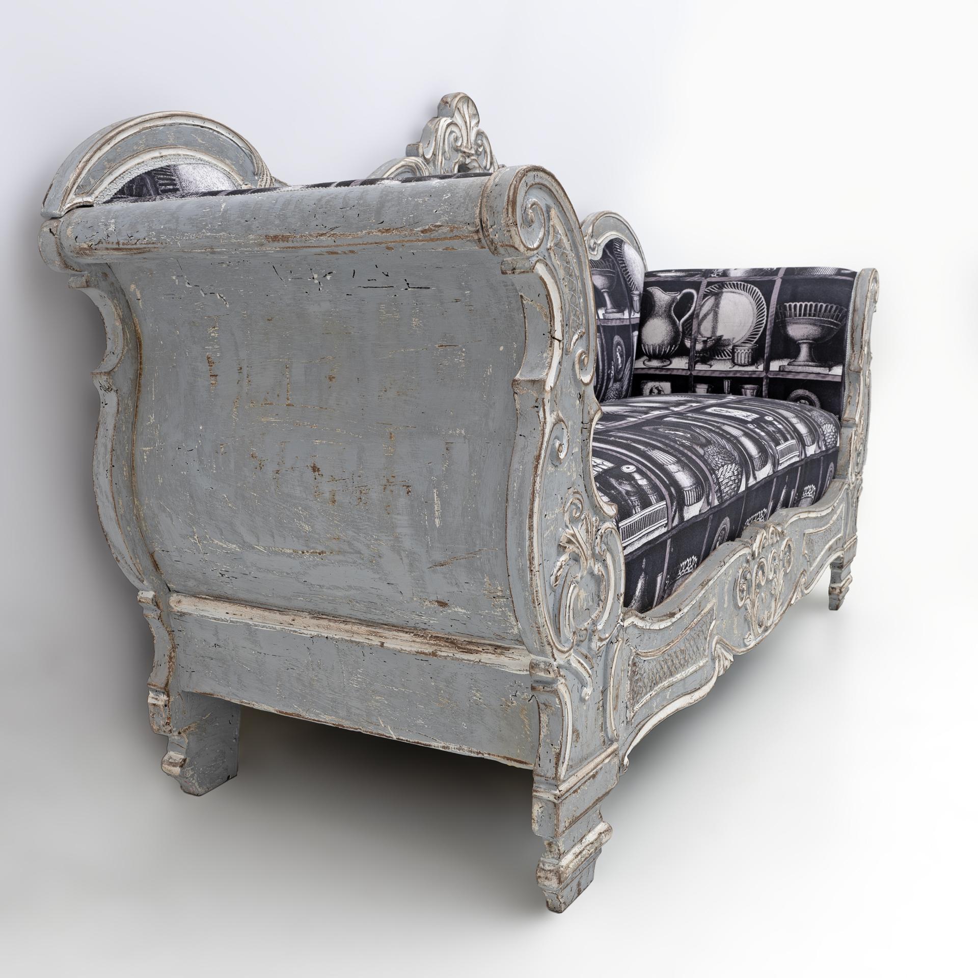 Charles X Style Italian Sofa with Fornasetti Linen Fabric For Sale 4