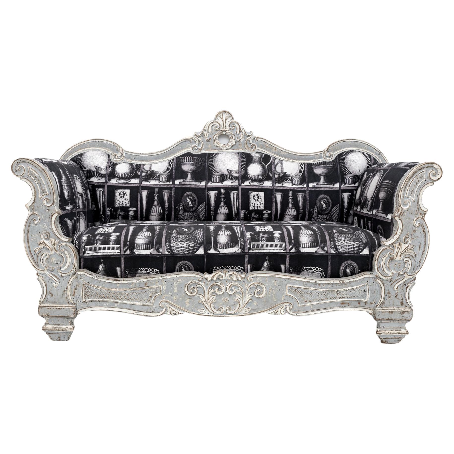 Charles X Style Italian Sofa with Fornasetti Linen Fabric