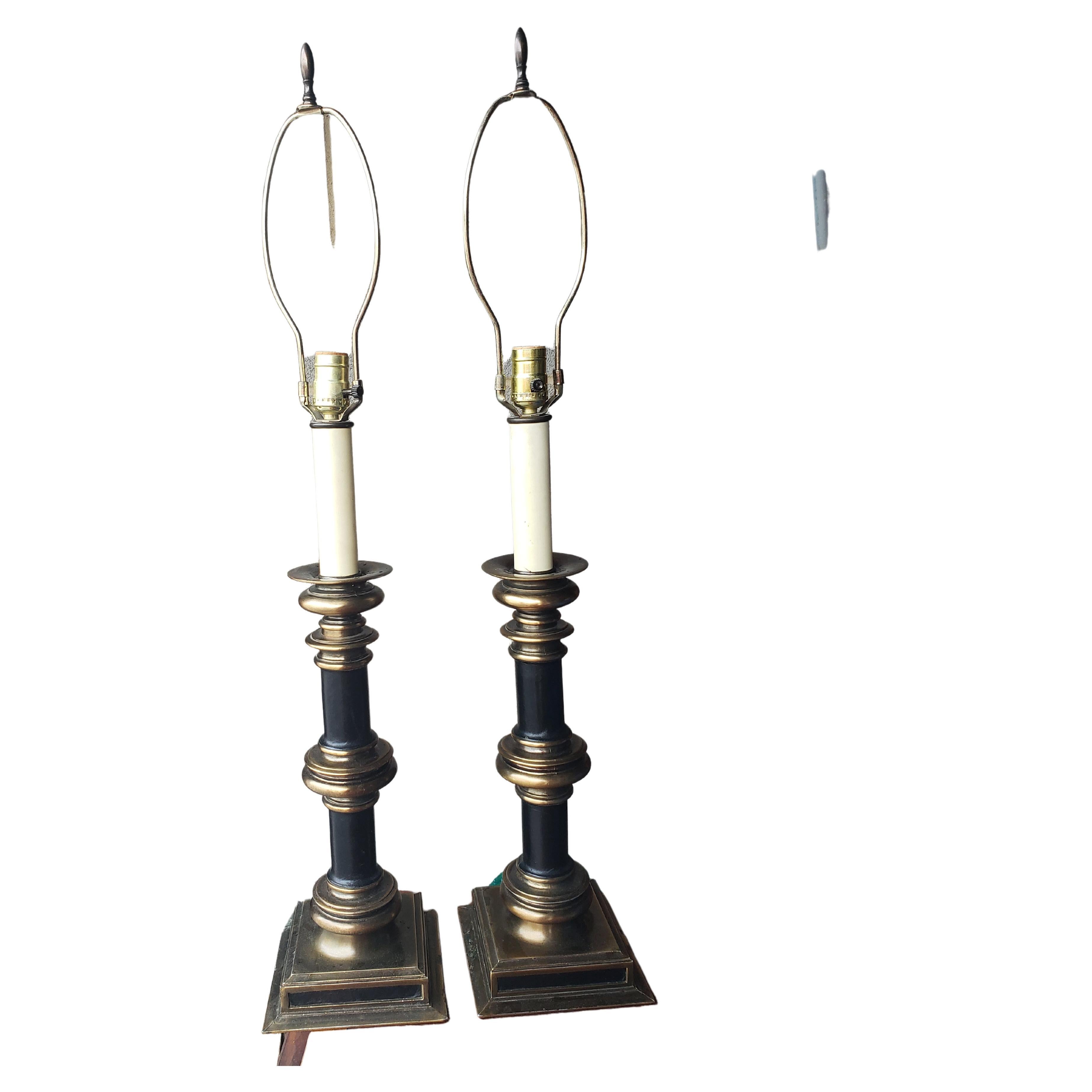 20th Century Charles X Style Leather and patinated Metal Table Lamps, a Pair For Sale