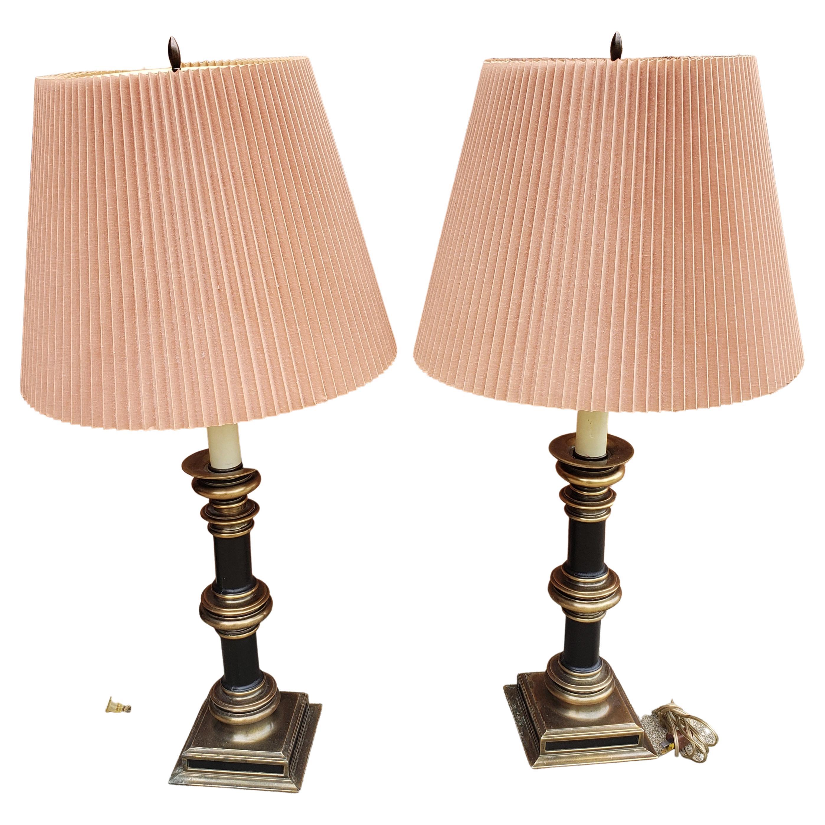 Charles X Style Leather and patinated Metal Table Lamps, a Pair For Sale