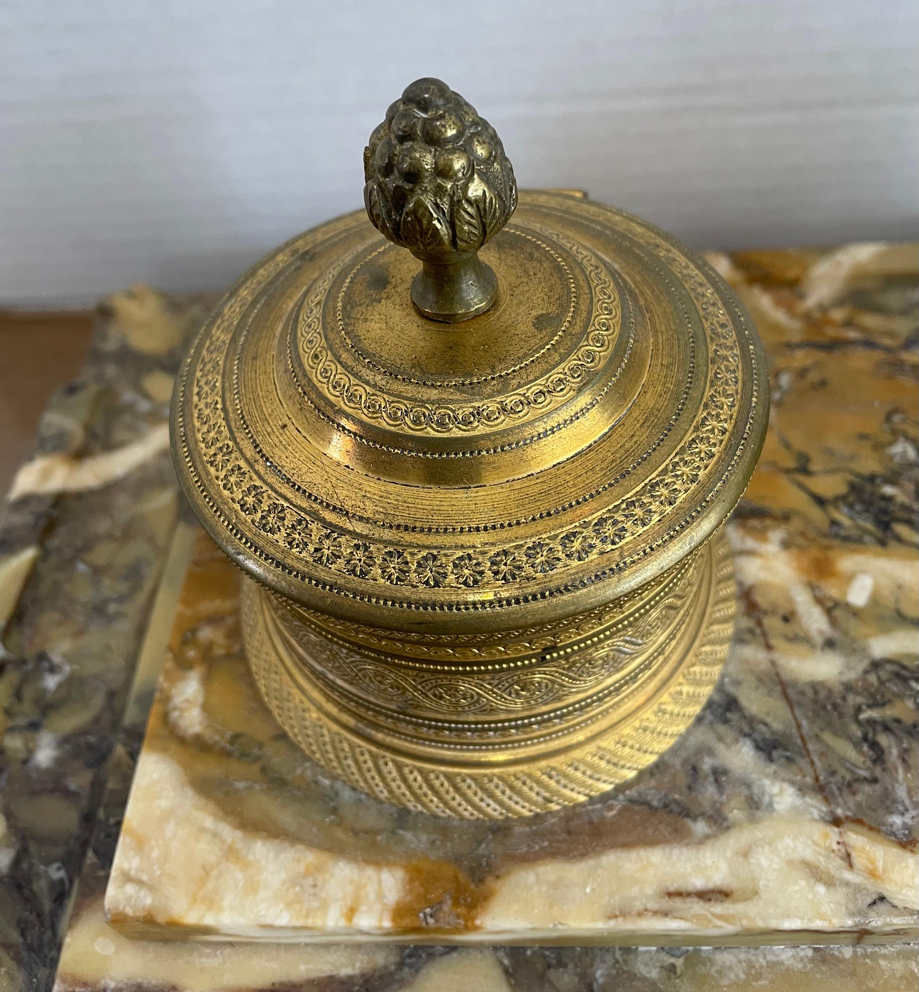 French Charles X Style Marble and Bronze Inkwell Stand For Sale