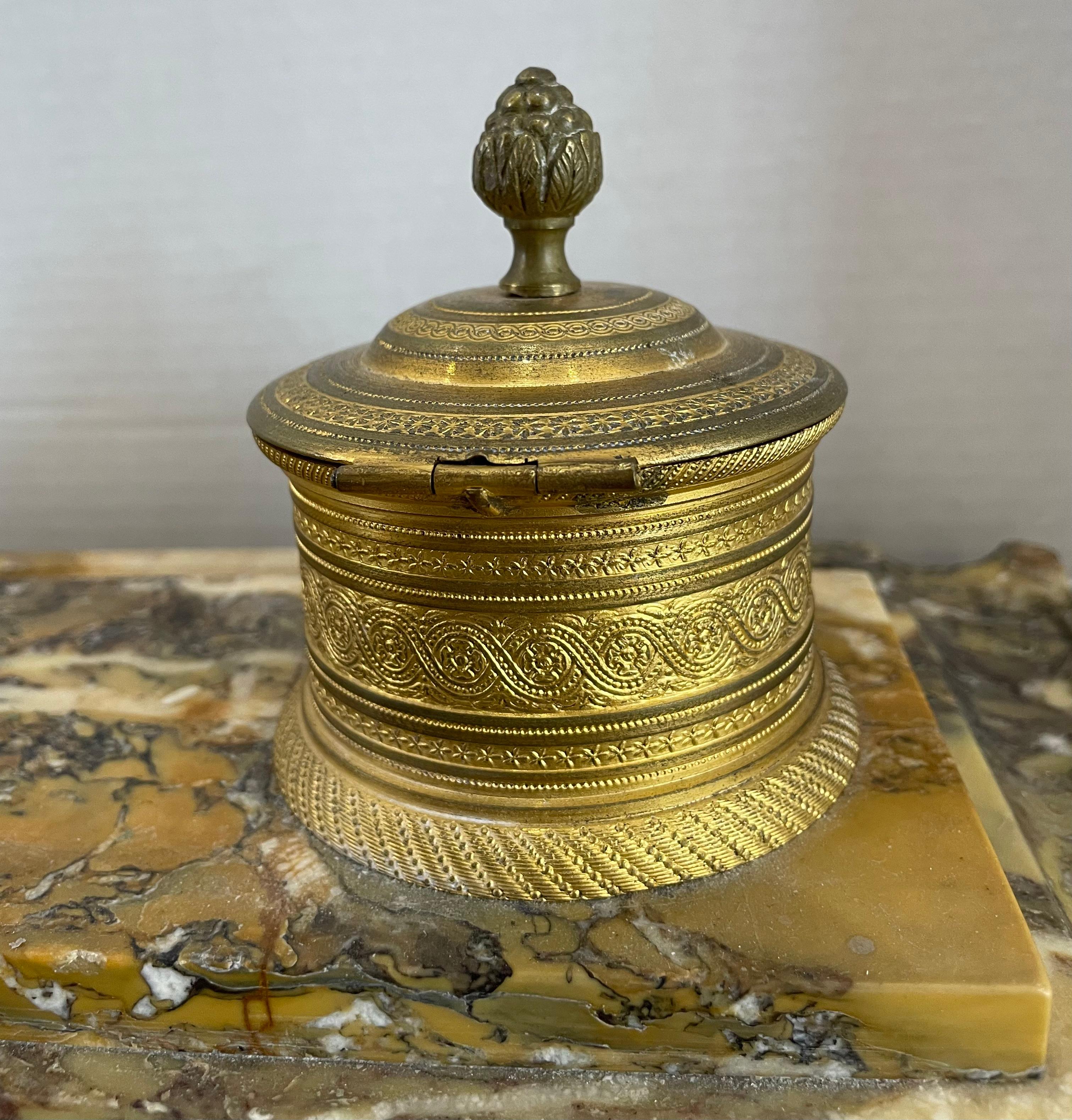 19th Century Charles X Style Marble and Bronze Inkwell Stand For Sale