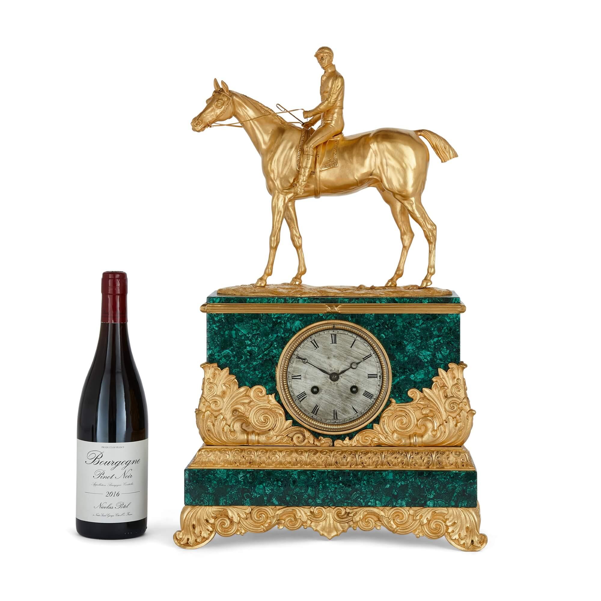19th Century Charles X Style Ormolu and Malachite Mantel Clock with Horse and Jockey For Sale
