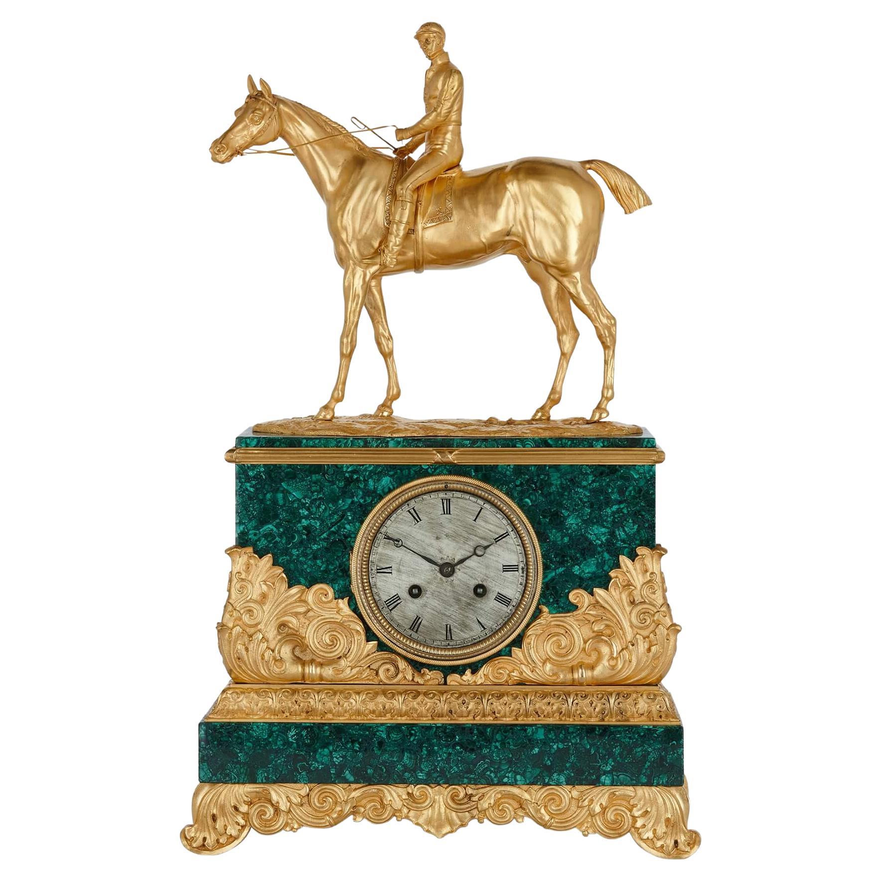 Charles X Style Ormolu and Malachite Mantel Clock with Horse and Jockey