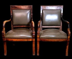 Charles X Style Pair Of French "Antique Master" Chairs In Wood And “Cuoio”
