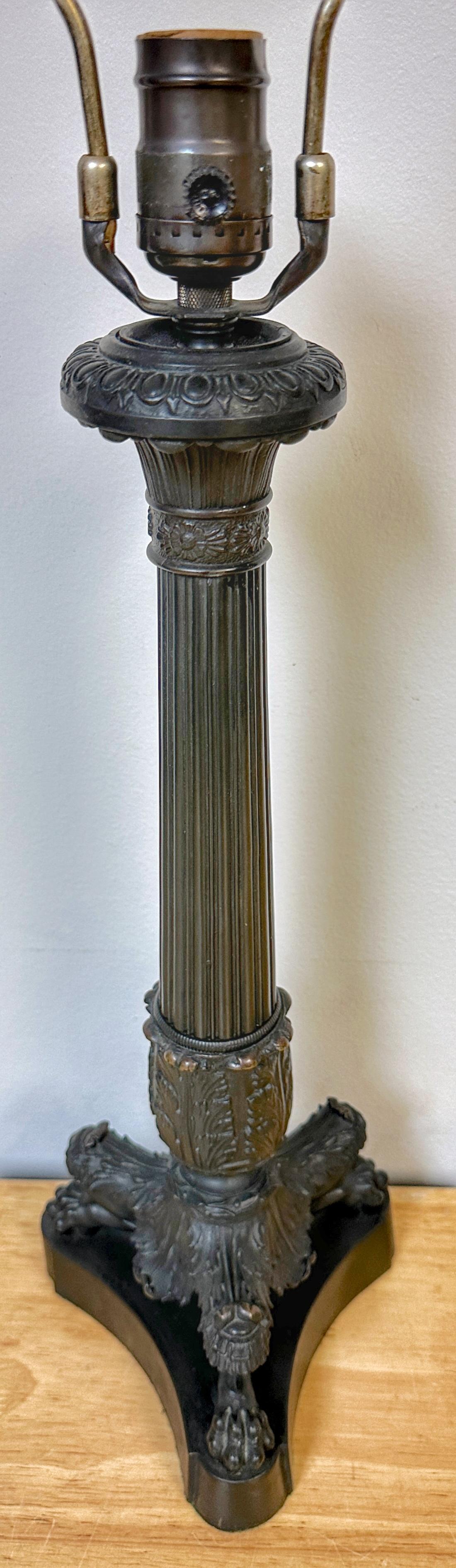 Charles X Style Patinated Bronze Paw Footed Candlestick Lamp For Sale 4