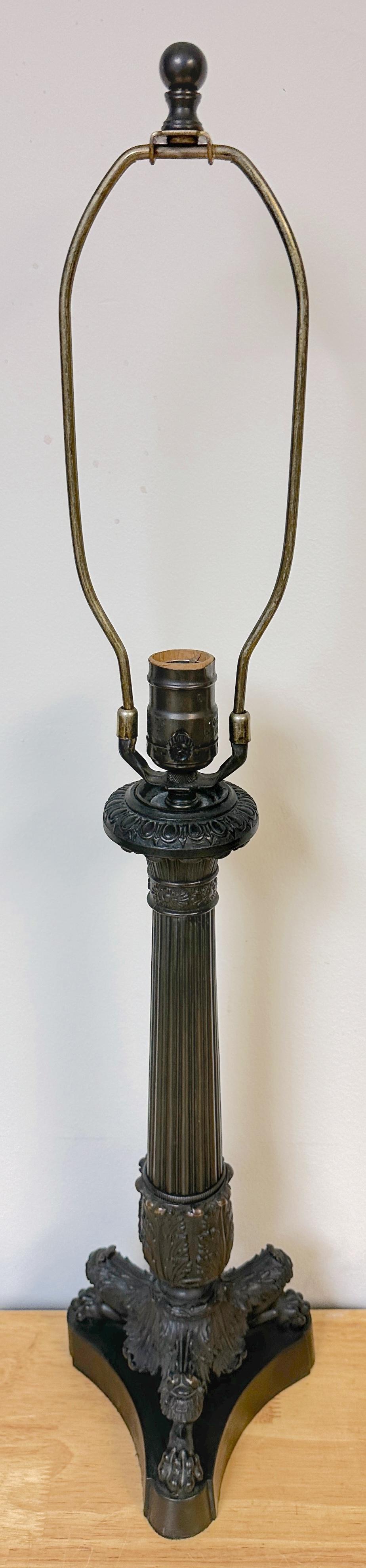 French Charles X Style Patinated Bronze Paw Footed Candlestick Lamp For Sale