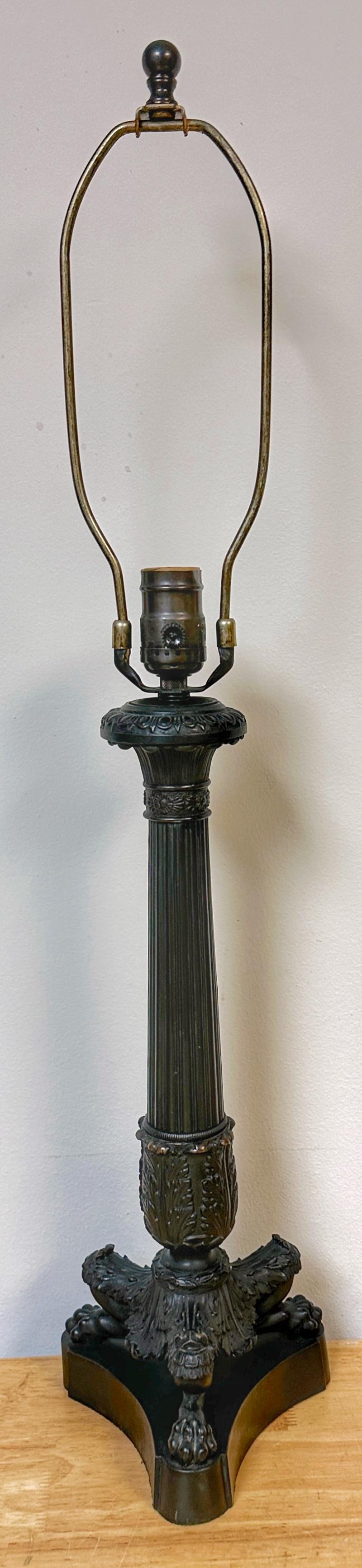 Cast Charles X Style Patinated Bronze Paw Footed Candlestick Lamp For Sale