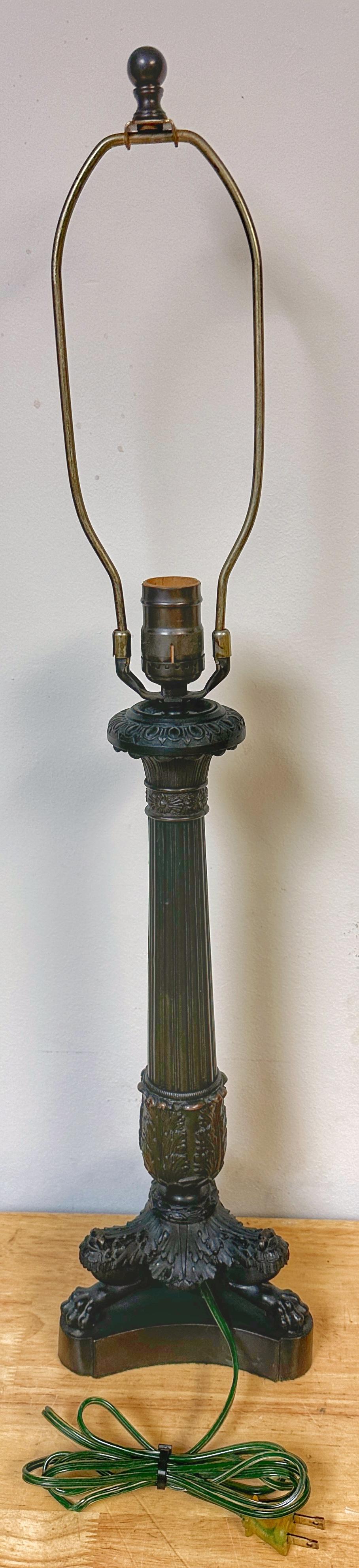 Charles X Style Patinated Bronze Paw Footed Candlestick Lamp In Good Condition For Sale In West Palm Beach, FL