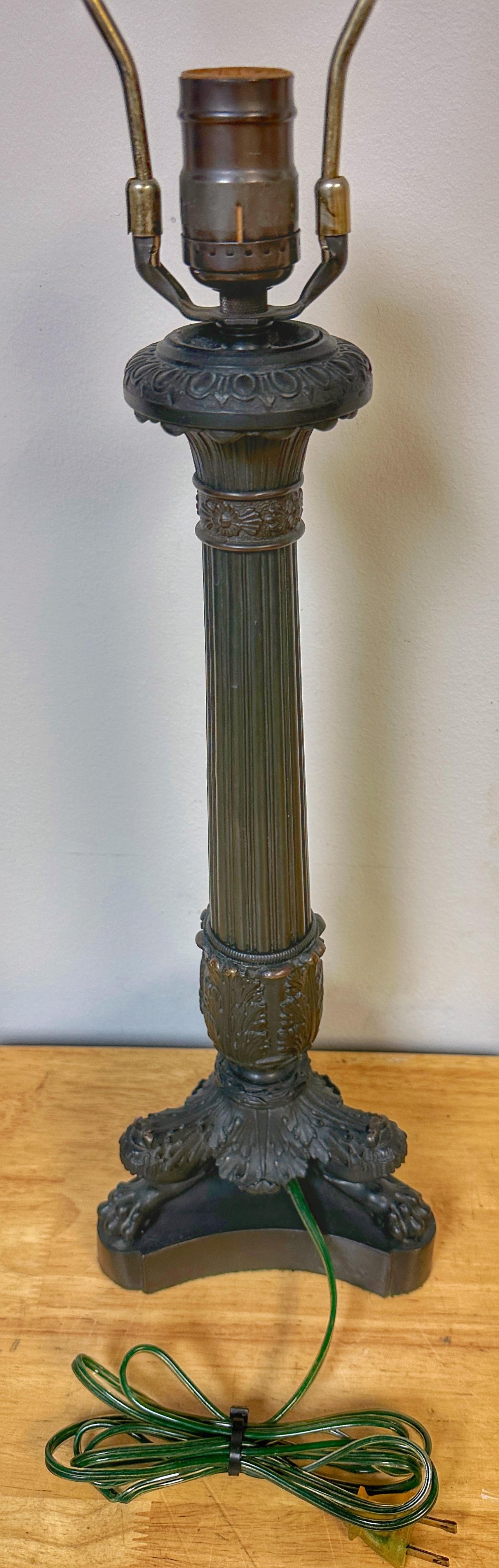 20th Century Charles X Style Patinated Bronze Paw Footed Candlestick Lamp For Sale