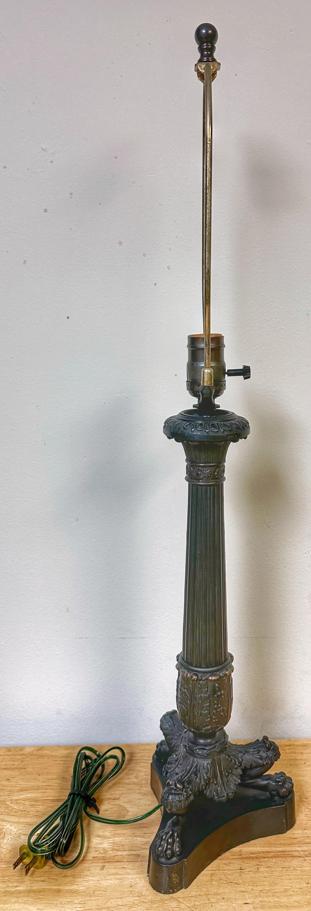 Charles X Style Patinated Bronze Paw Footed Candlestick Lamp For Sale 1