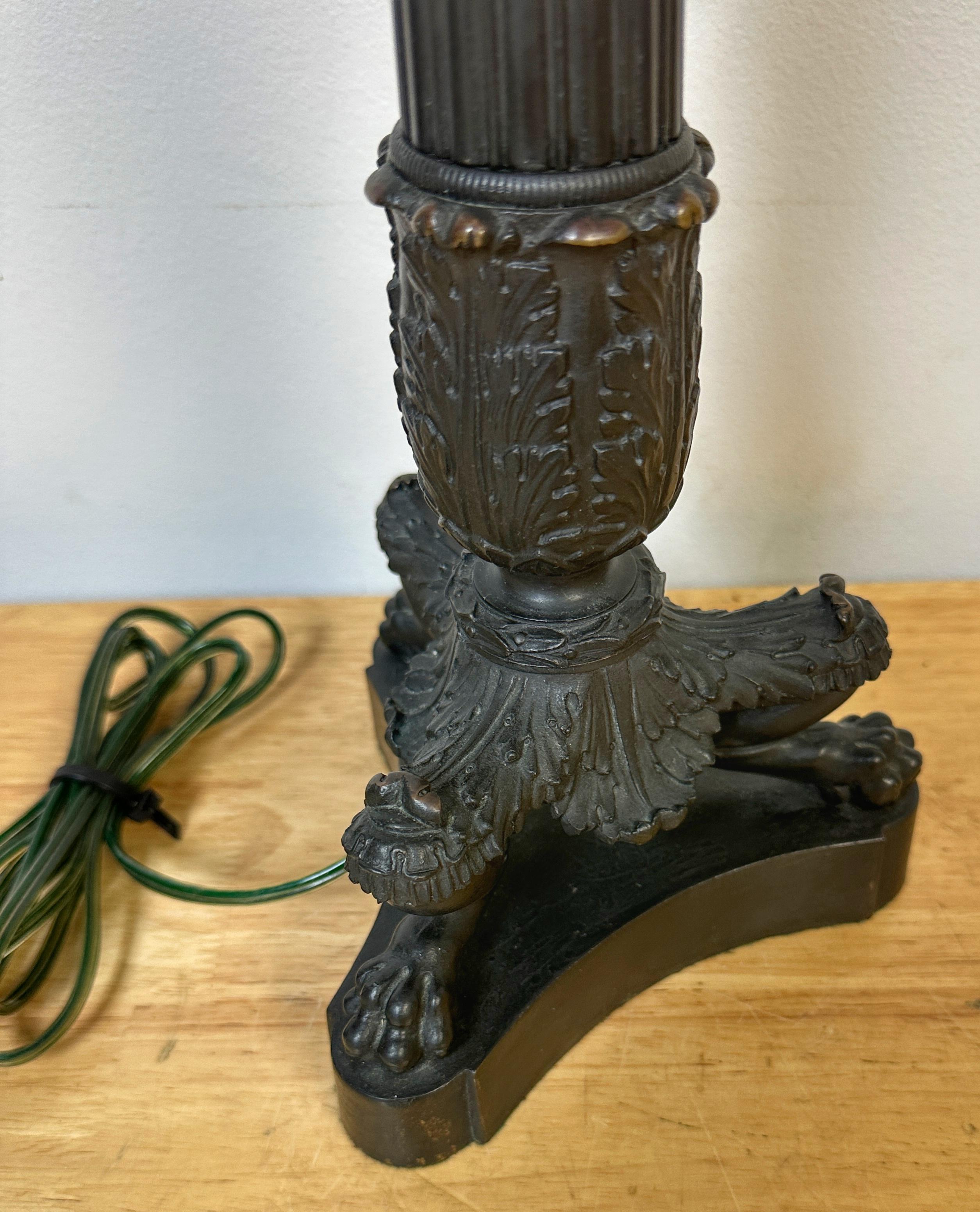 Charles X Style Patinated Bronze Paw Footed Candlestick Lamp For Sale 3
