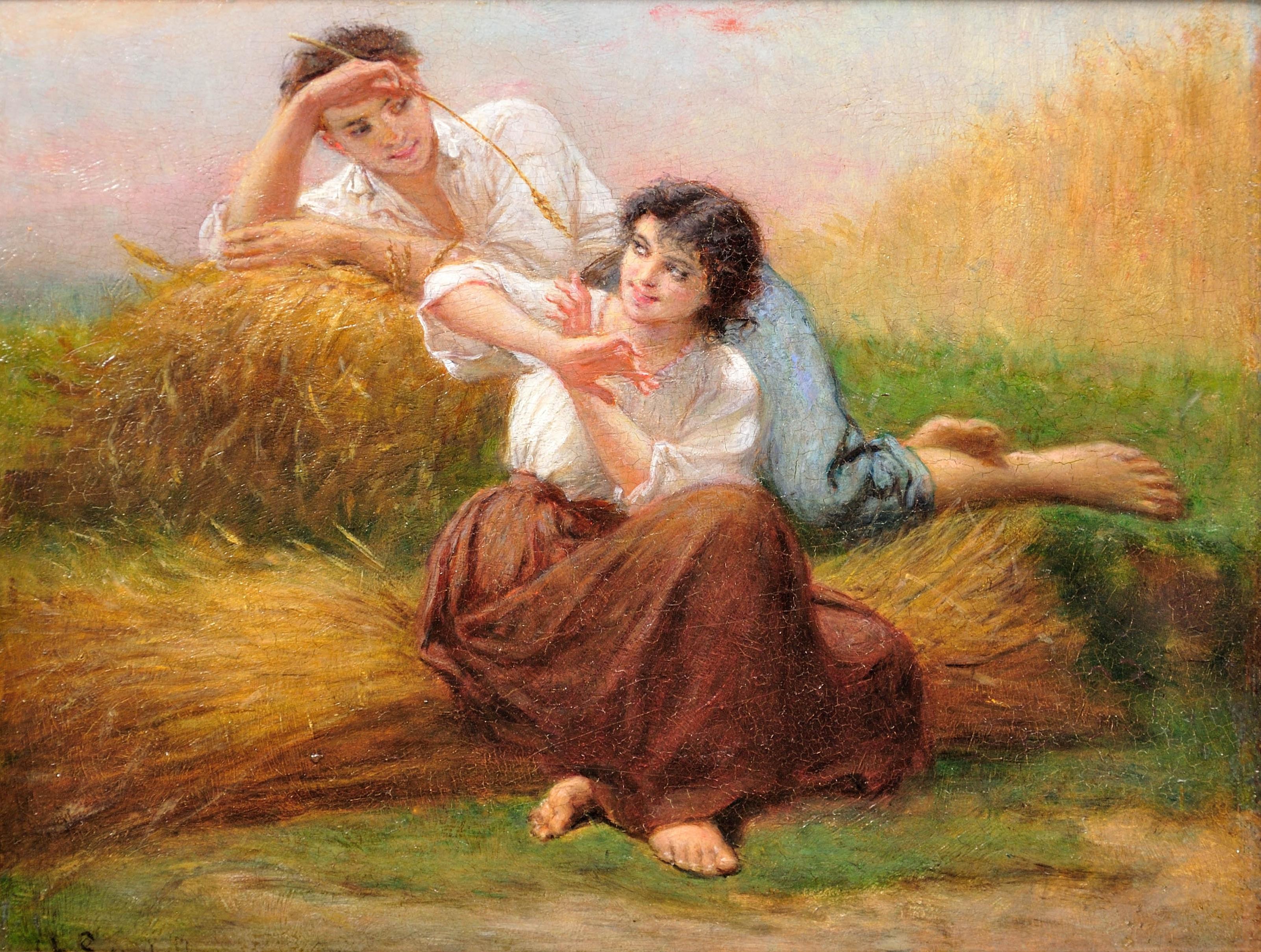 Te Pido Una Caricia Y Sólo Me Haces Cosquillas Óleo Francés Romántico de 1860 - Painting de Charles Zacharie Landelle