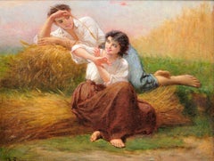 Ti chiedo una carezza e tu mi fai solo il solletico Pittura a olio francese romantica del 1860