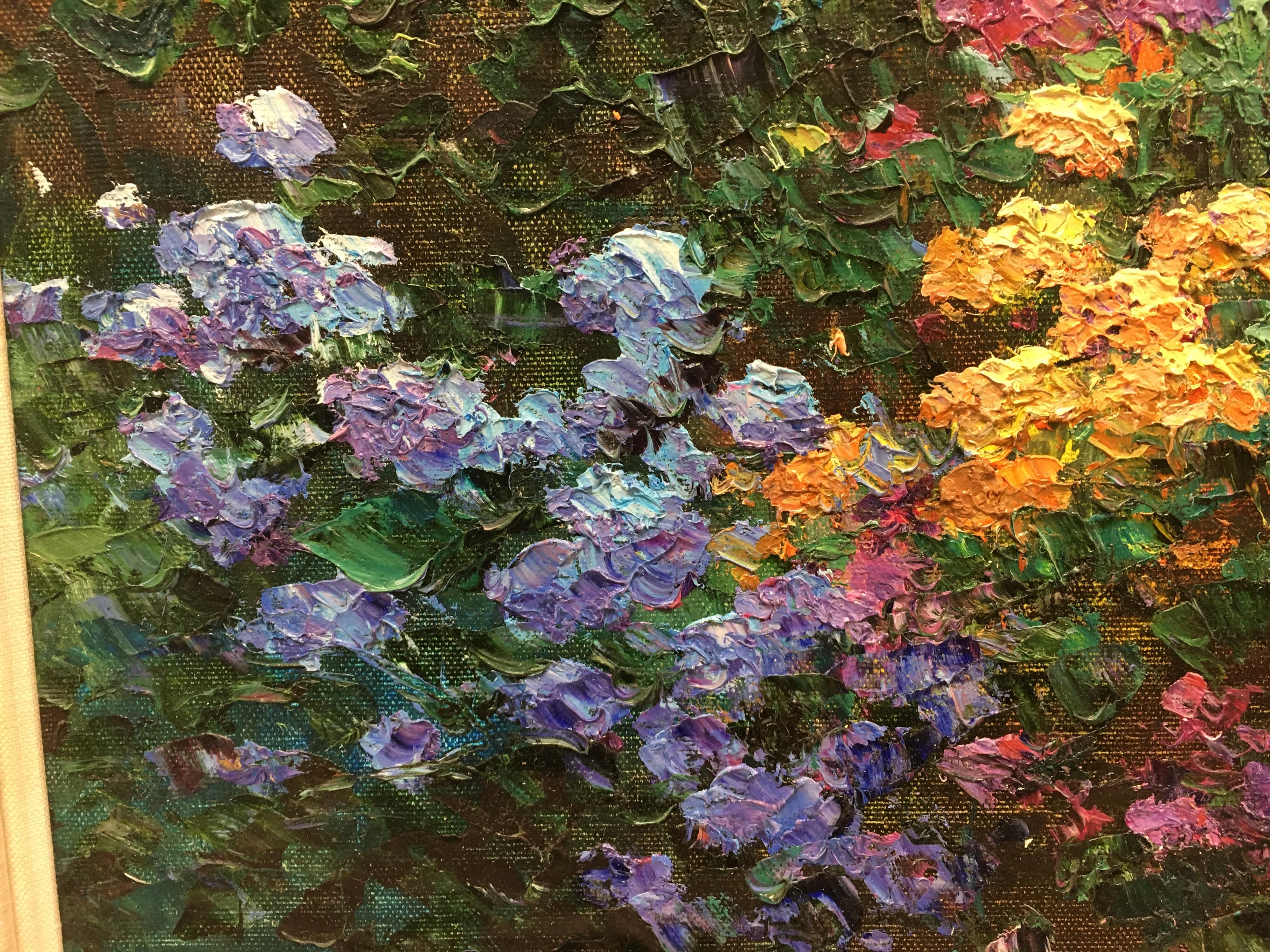 Charles Zhan Original Oil Painting Signed Best Seat Garden Scene 1