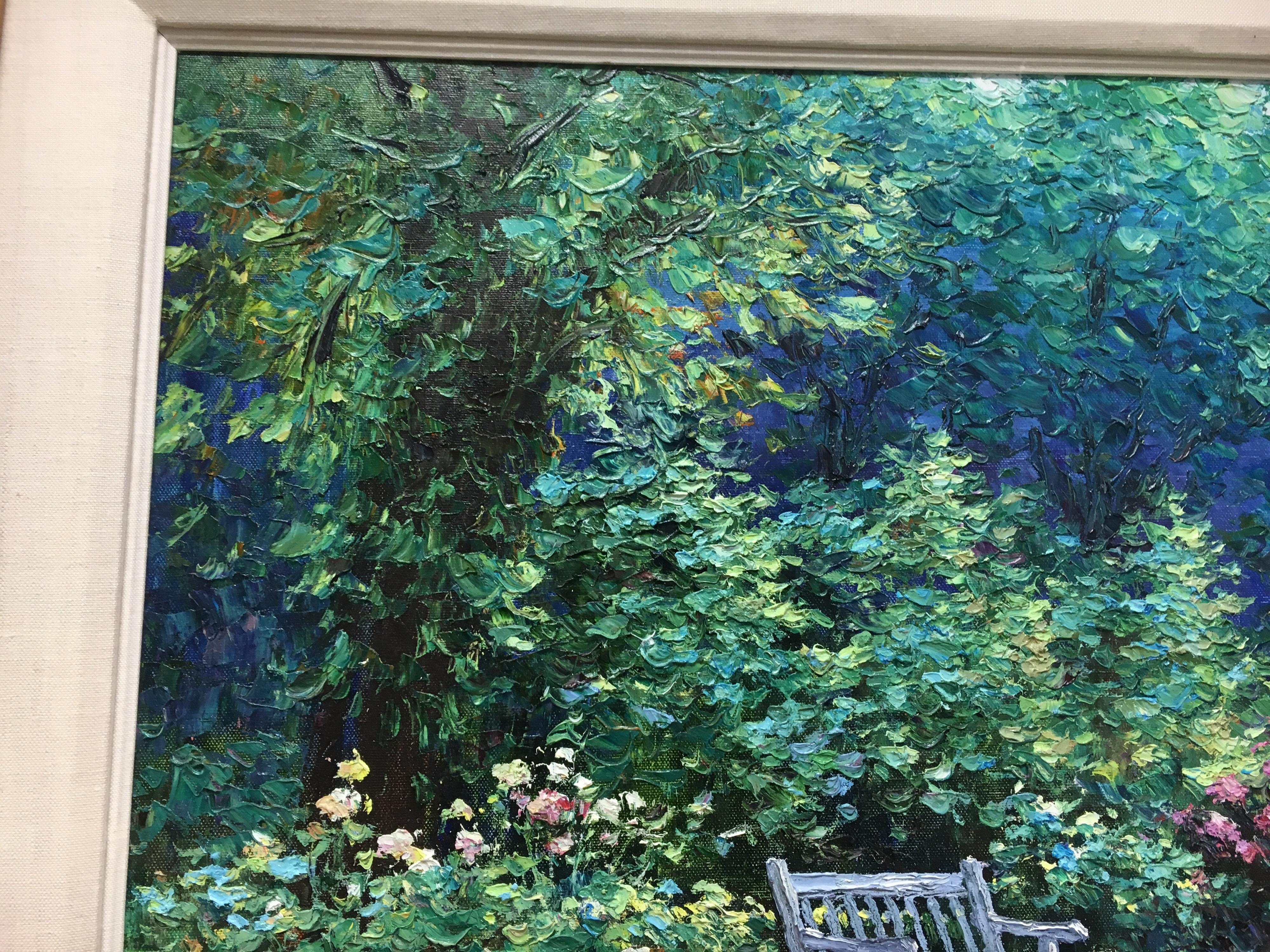 Charles Zhan Original Oil Painting Signed Best Seat Garden Scene 5